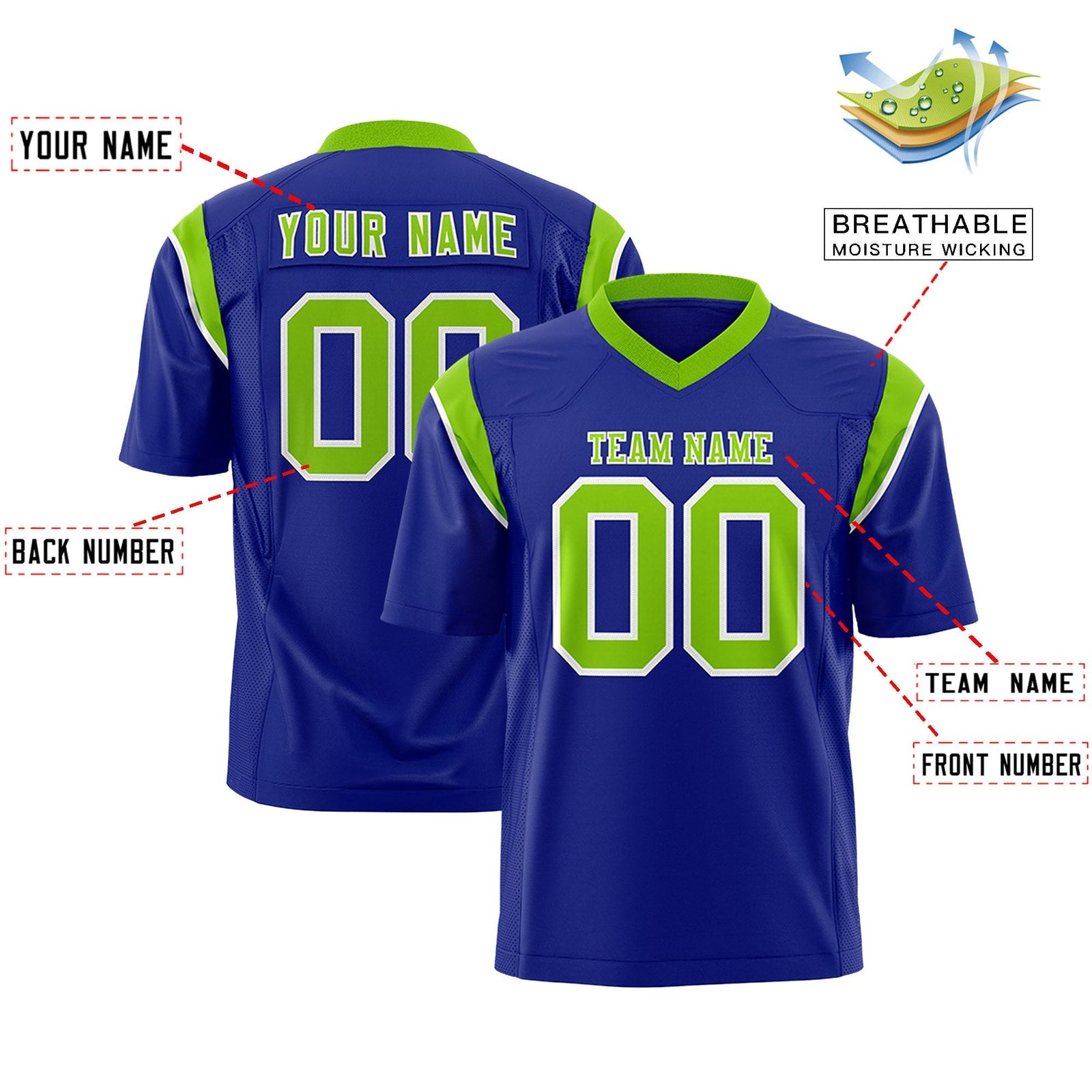 Custom Royal Neon Green Personalized Shoulder Cut Two-Tone Flag Football Jersey