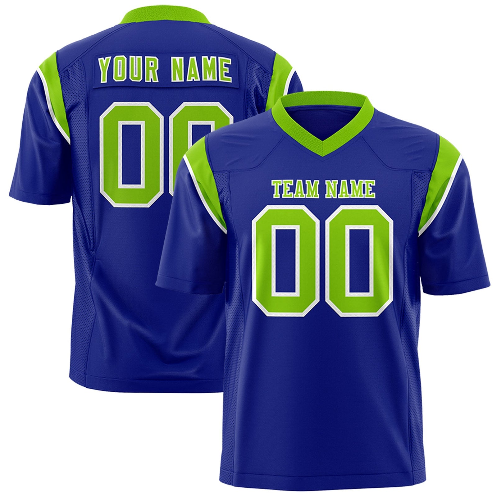 Custom Royal Neon Green Personalized Shoulder Cut Two-Tone Flag Football Jersey