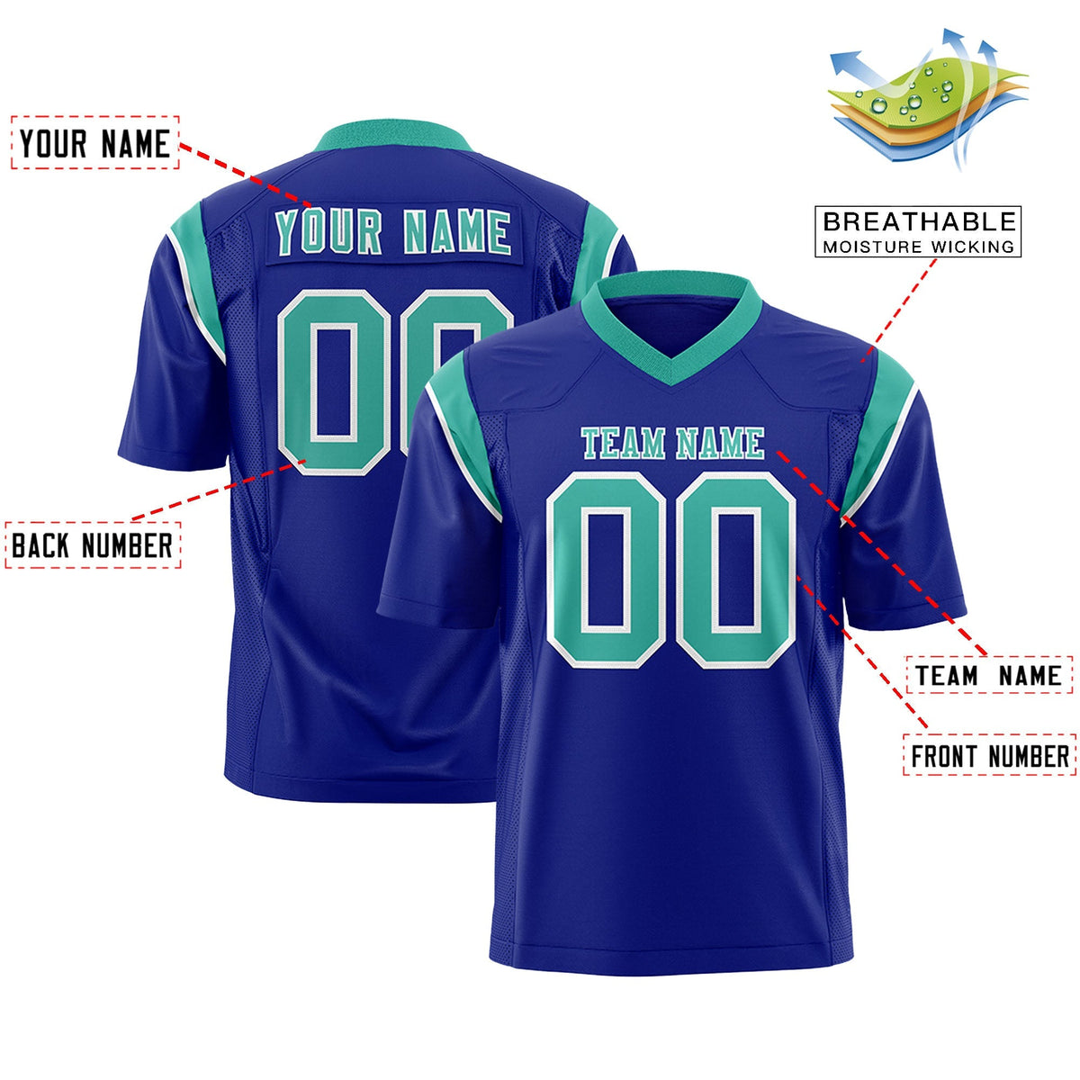 Custom Royal Aqua Personalized Shoulder Cut Two-Tone Flag Football Jersey