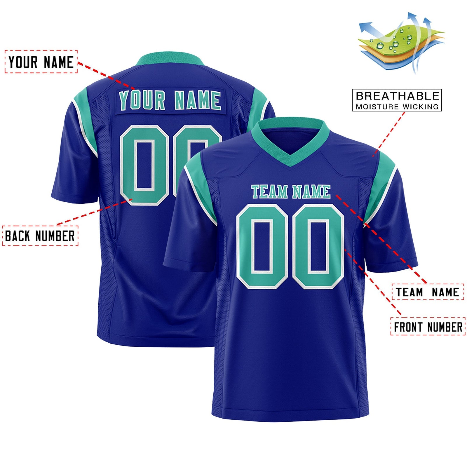Custom Royal Aqua Personalized Shoulder Cut Two-Tone Flag Football Jersey