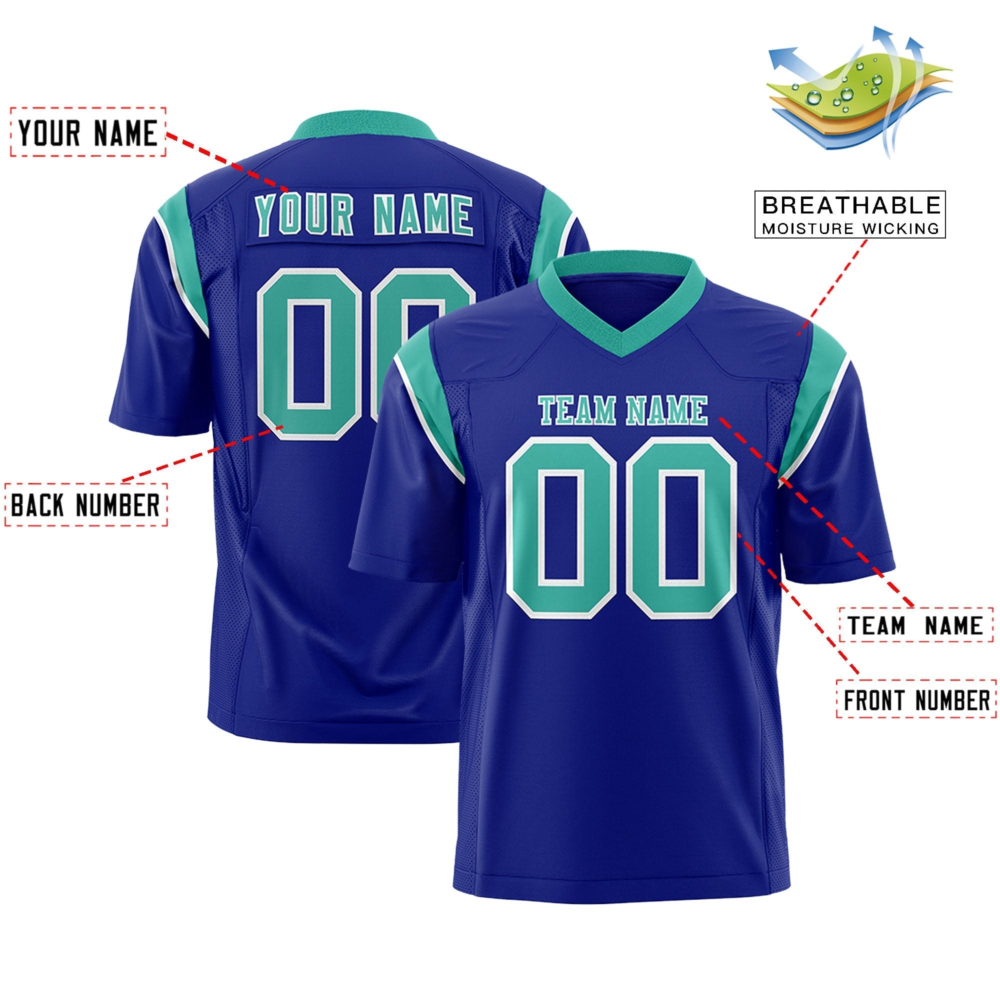 Custom Royal Aqua Personalized Shoulder Cut Two-Tone Flag Football Jersey