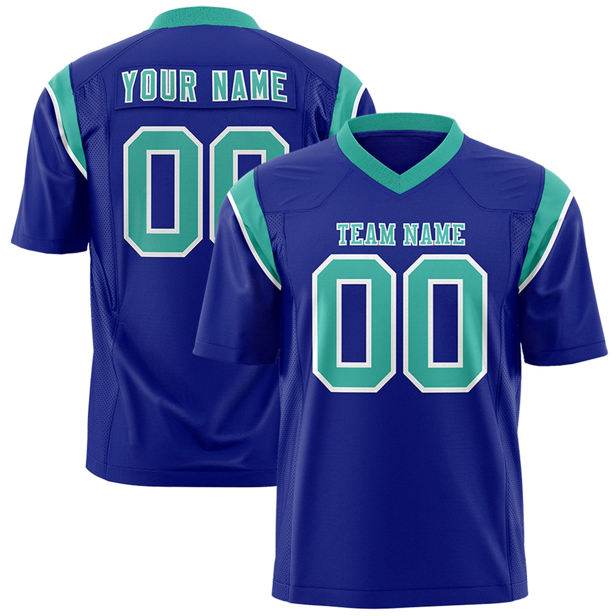 Custom Royal Aqua Personalized Shoulder Cut Two-Tone Flag Football Jersey