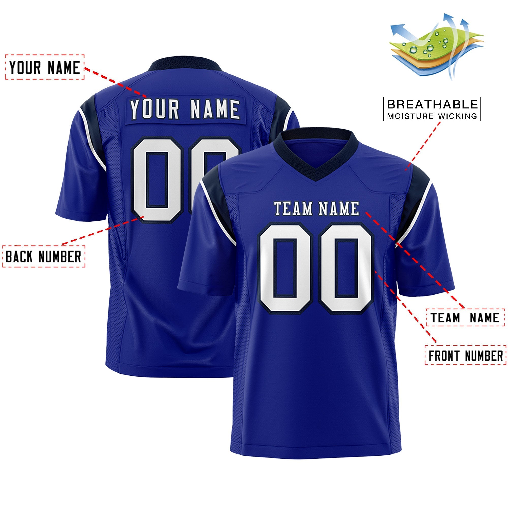 Custom Royal Black Personalized Shoulder Cut Two-Tone Flag Football Jersey