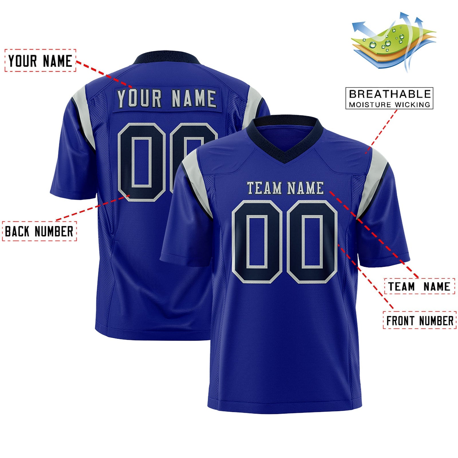 Custom Royal Black Personalized Shoulder Cut Two-Tone Flag Football Jersey