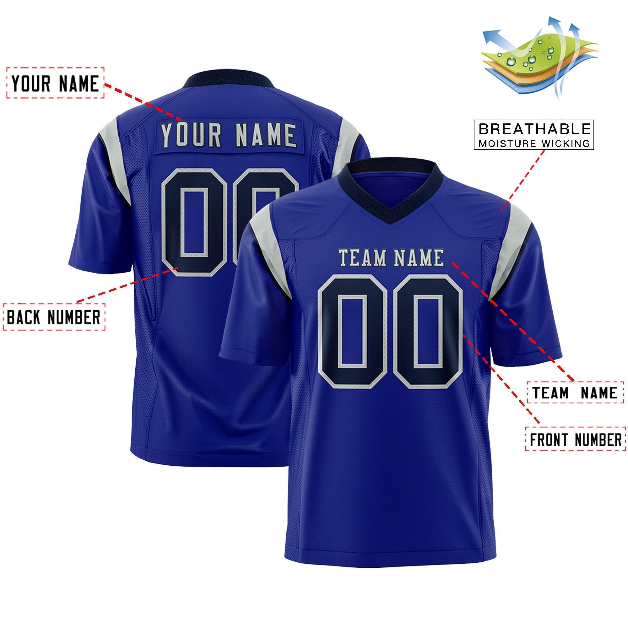 Custom Royal Black Personalized Shoulder Cut Two-Tone Flag Football Jersey