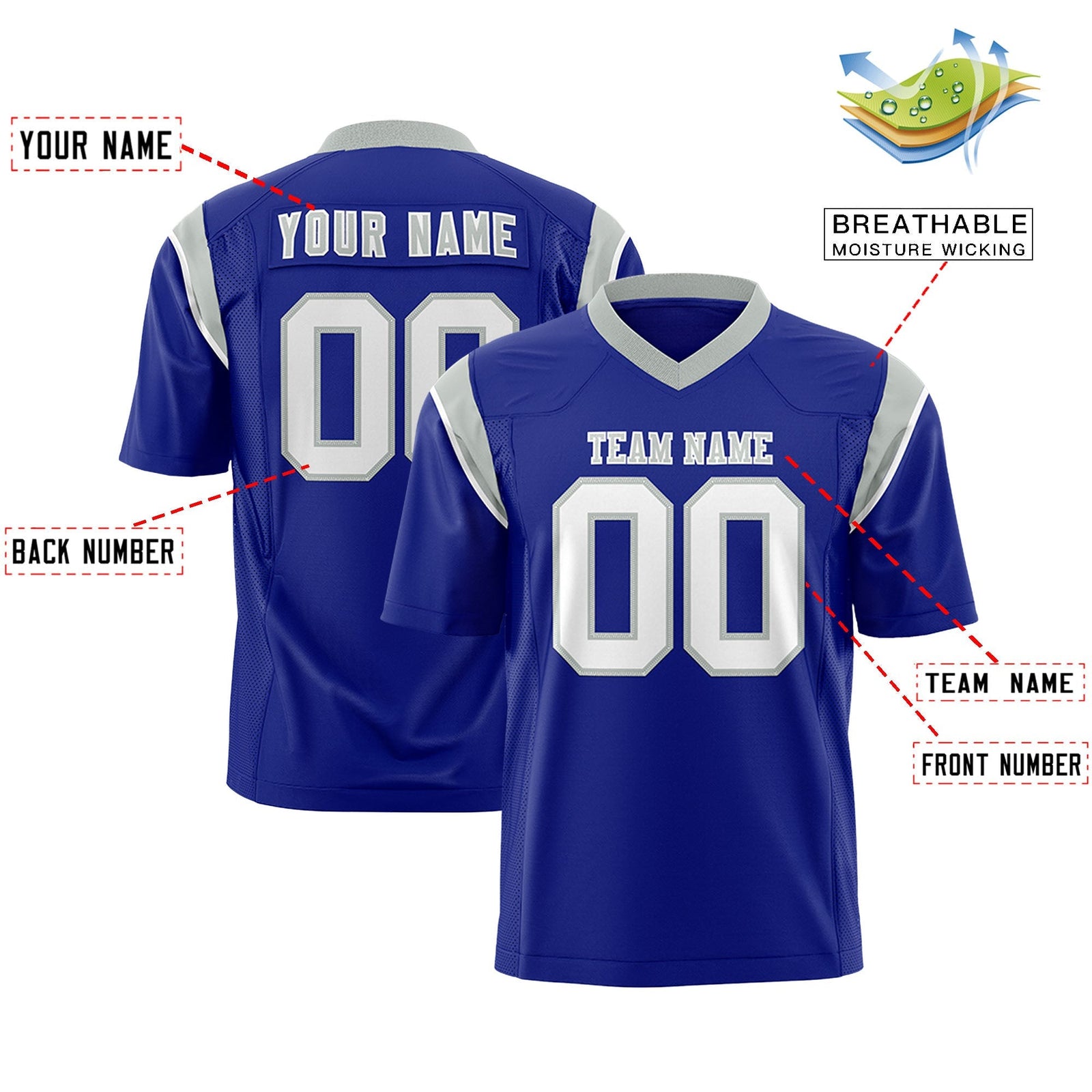 Custom Royal White Personalized Shoulder Cut Two-Tone Flag Football Jersey