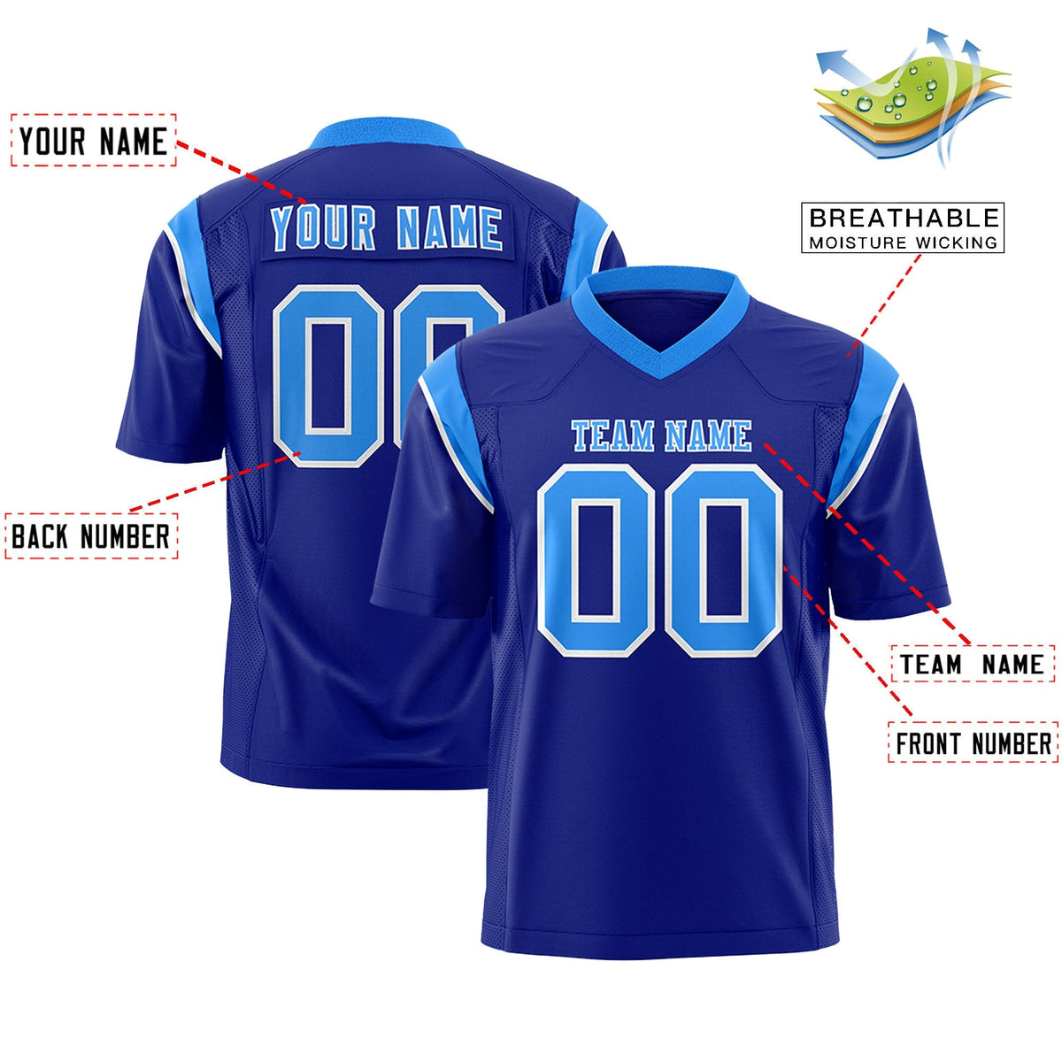 Custom Royal Light Blue Personalized Shoulder Cut Two-Tone Flag Football Jersey