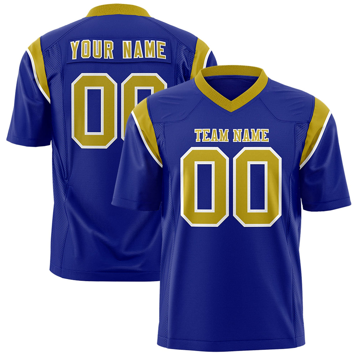 Custom Royal Old Gold Personalized Shoulder Cut Two-Tone Flag Football Jersey