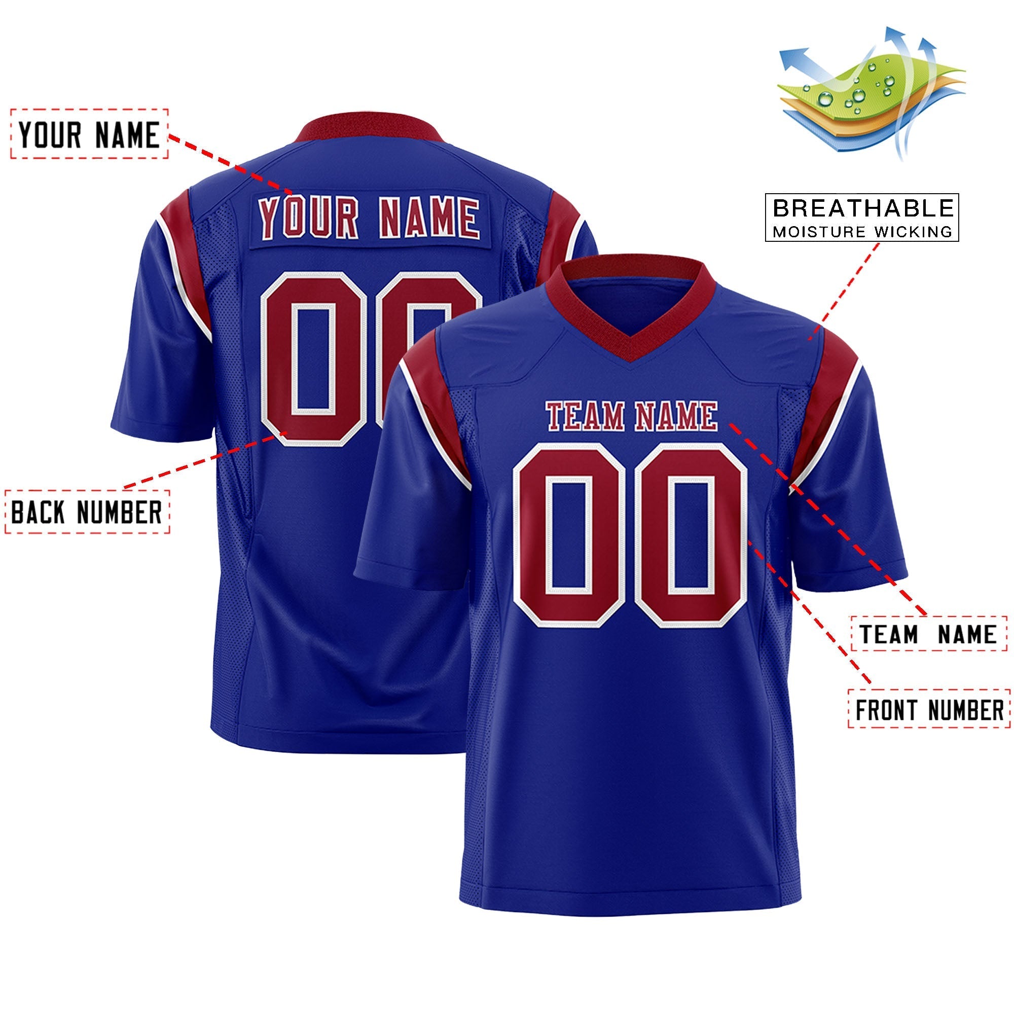 Custom Royal Cardinal Personalized Shoulder Cut Two-Tone Flag Football Jersey