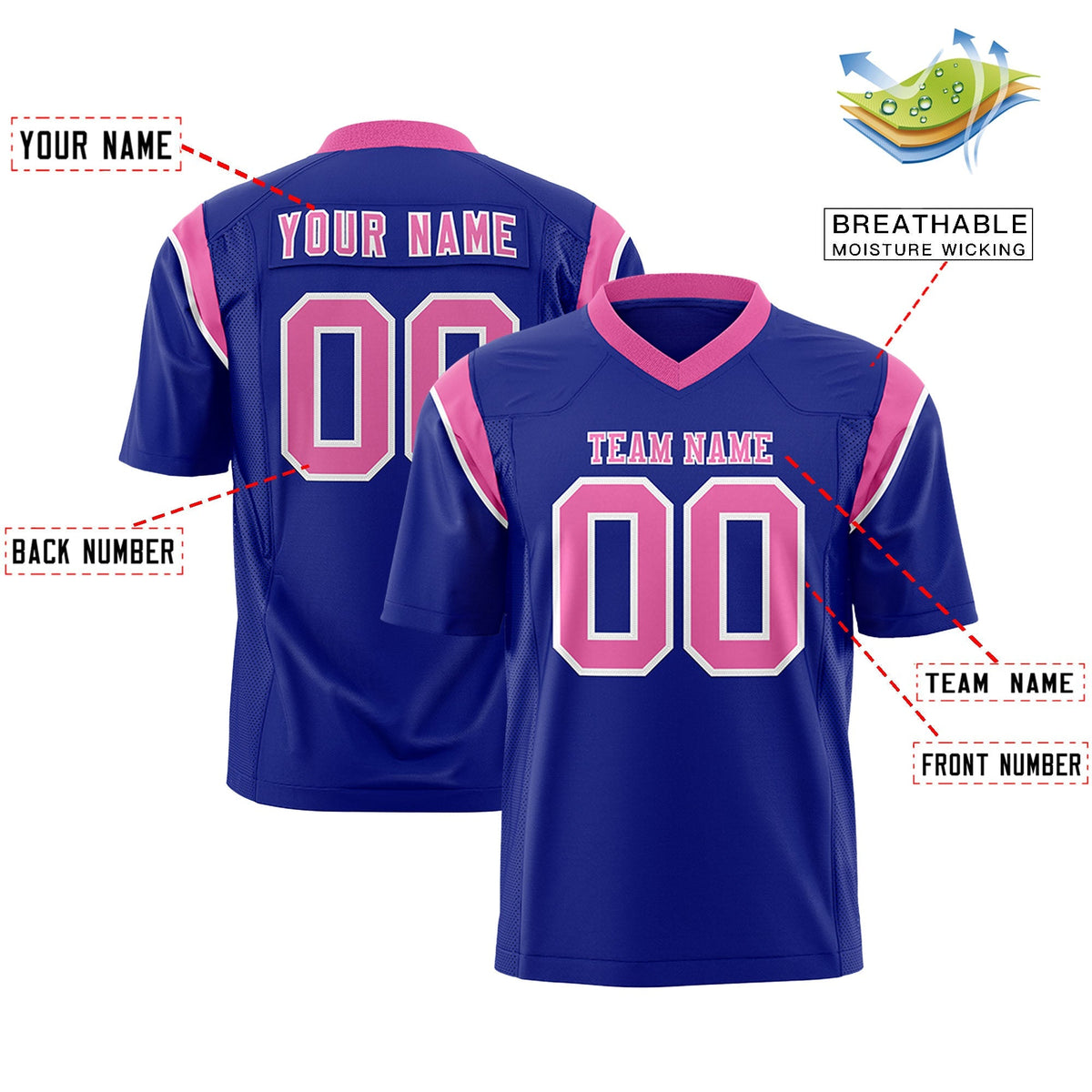 Custom Royal Pink Personalized Shoulder Cut Two-Tone Flag Football Jersey