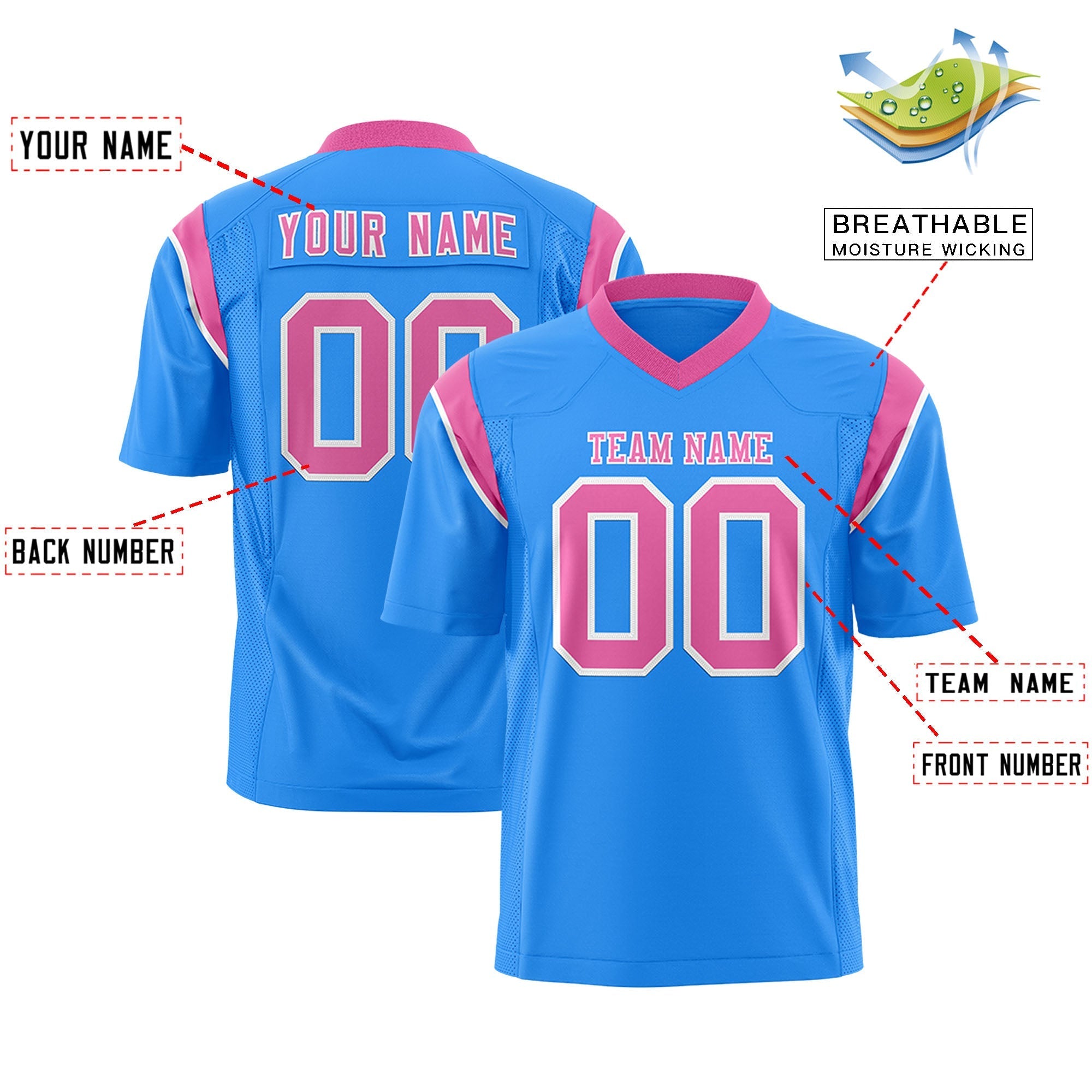 Custom Powder Blue Pink Personalized Shoulder Cut Two-Tone Flag Football Jersey