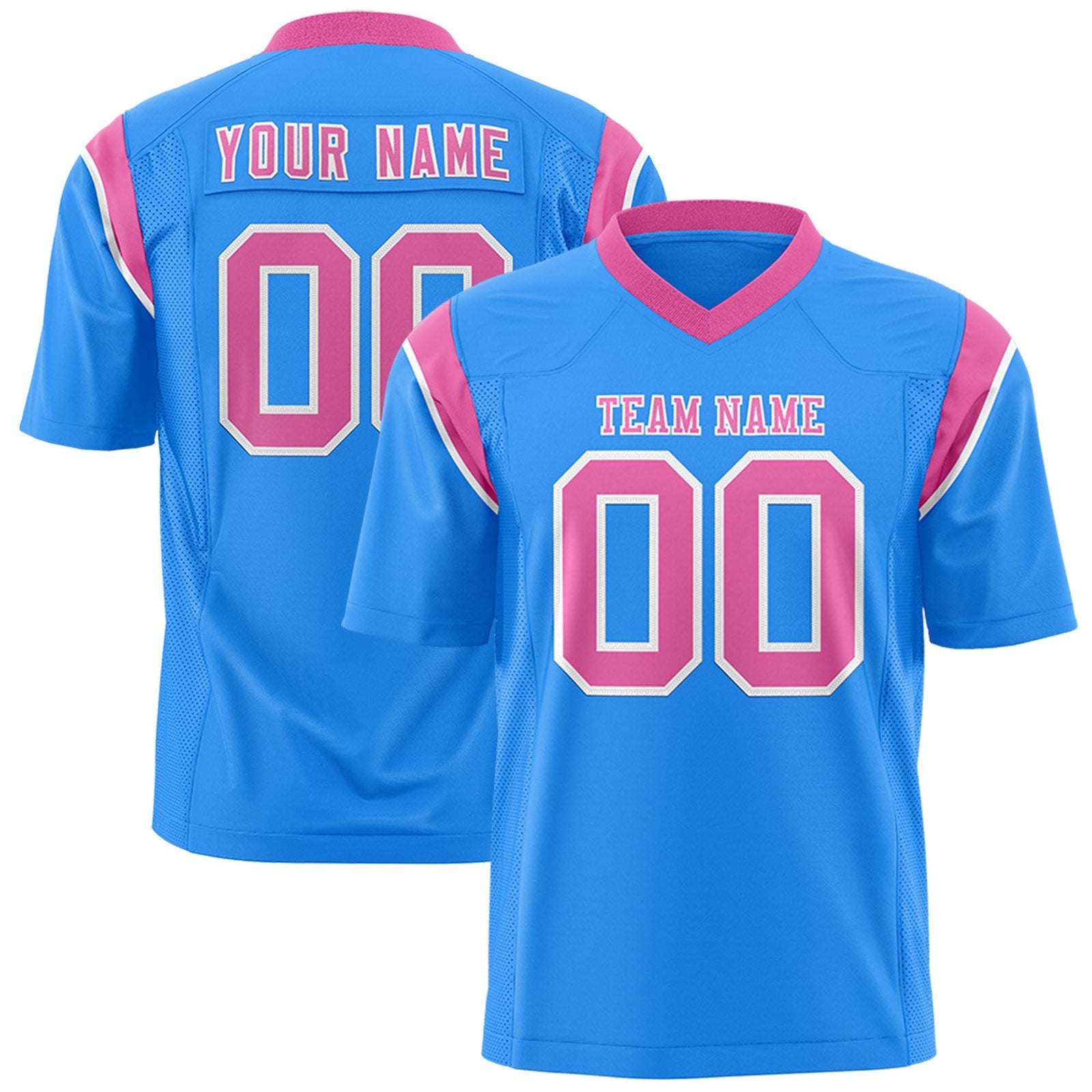 Custom Powder Blue Pink Personalized Shoulder Cut Two-Tone Flag Football Jersey