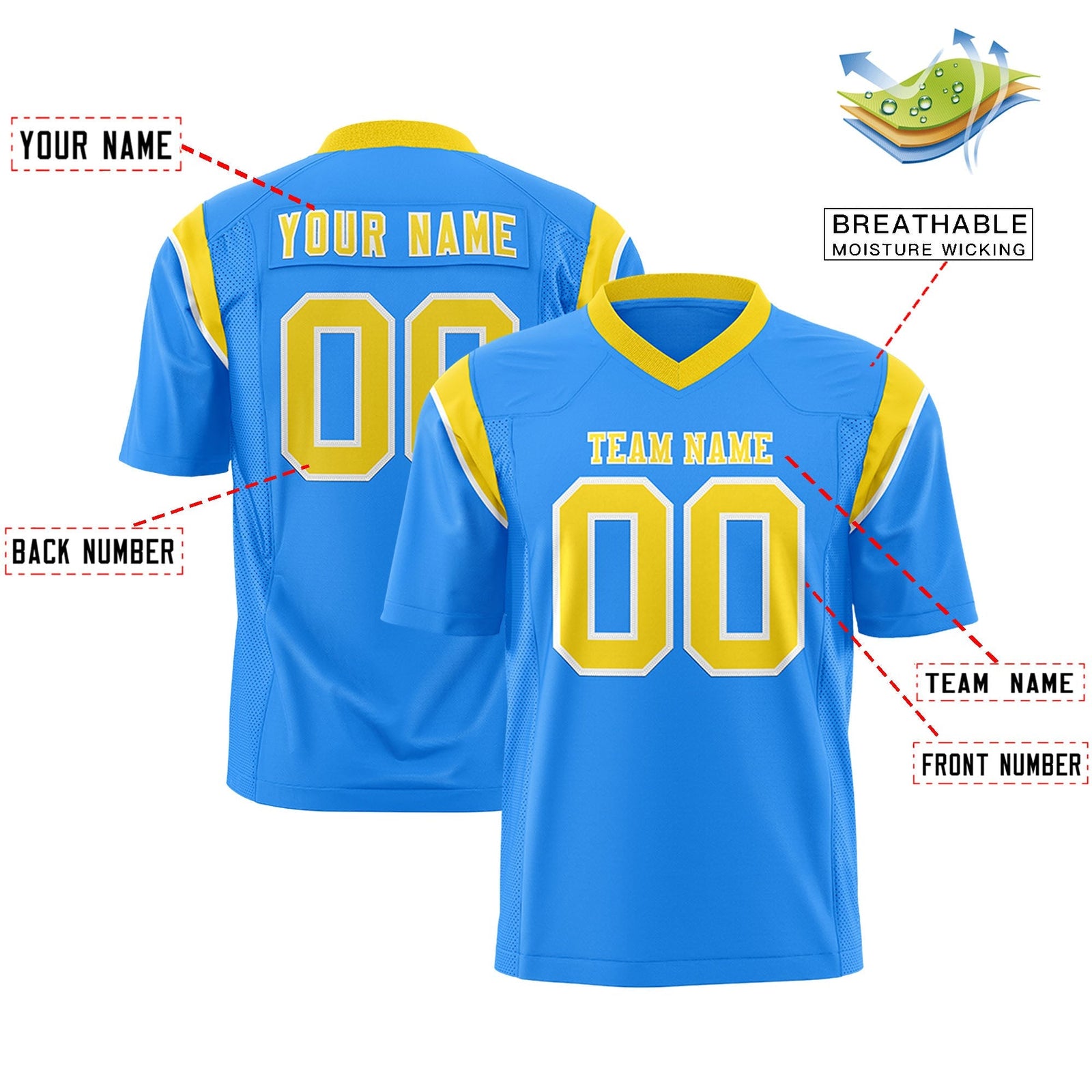 Custom Powder Blue Gold Personalized Shoulder Cut Two-Tone Flag Football Jersey