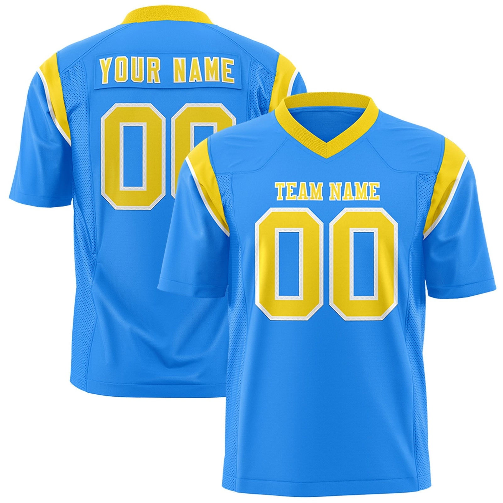 Custom Powder Blue Gold Personalized Shoulder Cut Two-Tone Flag Football Jersey