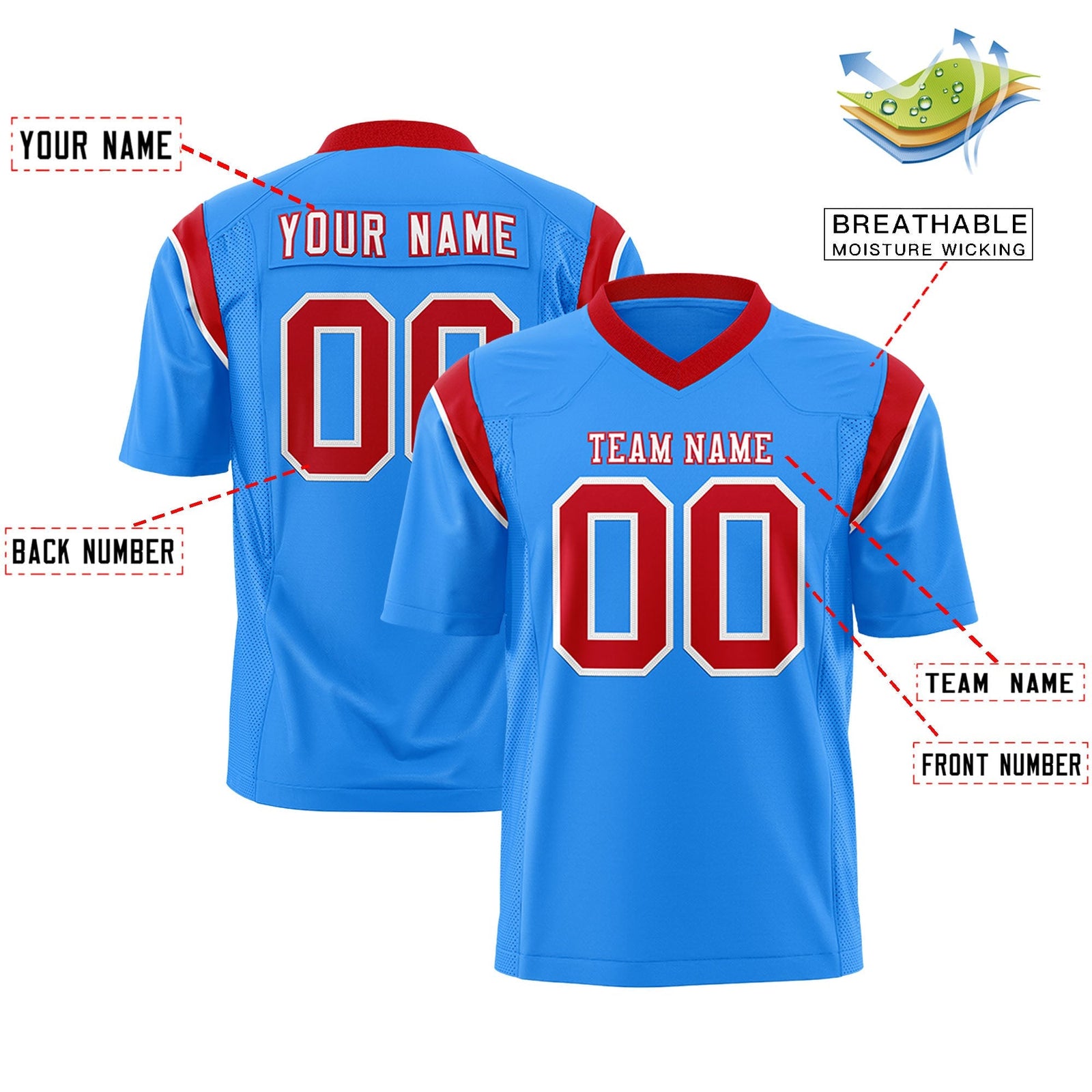 Custom Powder Blue Red Personalized Shoulder Cut Two-Tone Flag Football Jersey