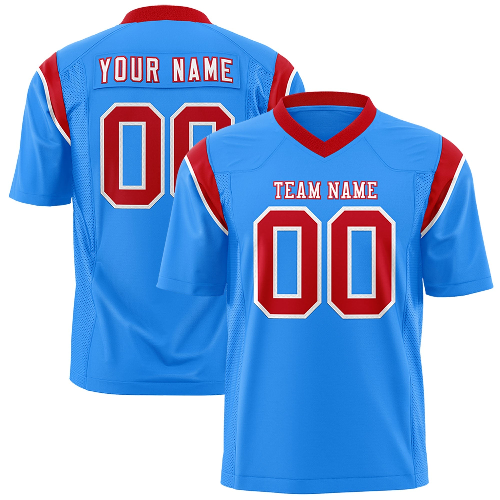 Custom Powder Blue Red Personalized Shoulder Cut Two-Tone Flag Football Jersey