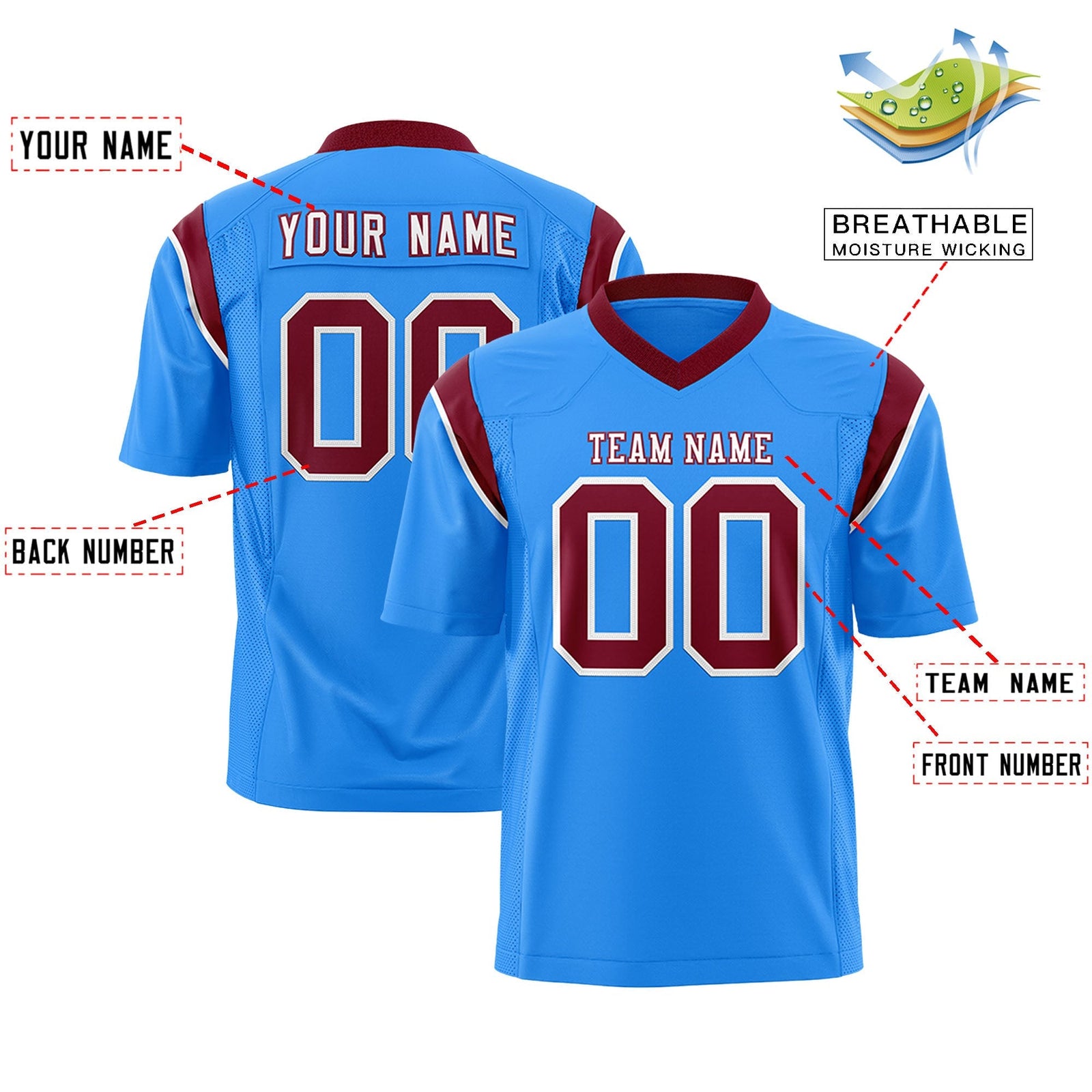 Custom Powder Blue Crimson Personalized Shoulder Cut Two-Tone Flag Football Jersey