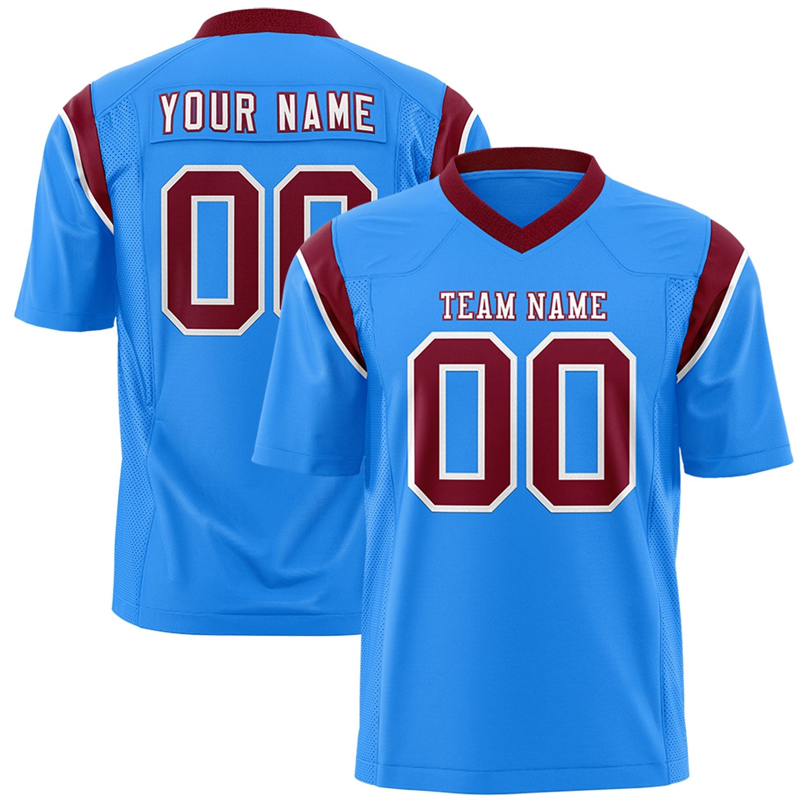 Custom Powder Blue Crimson Personalized Shoulder Cut Two-Tone Flag Football Jersey