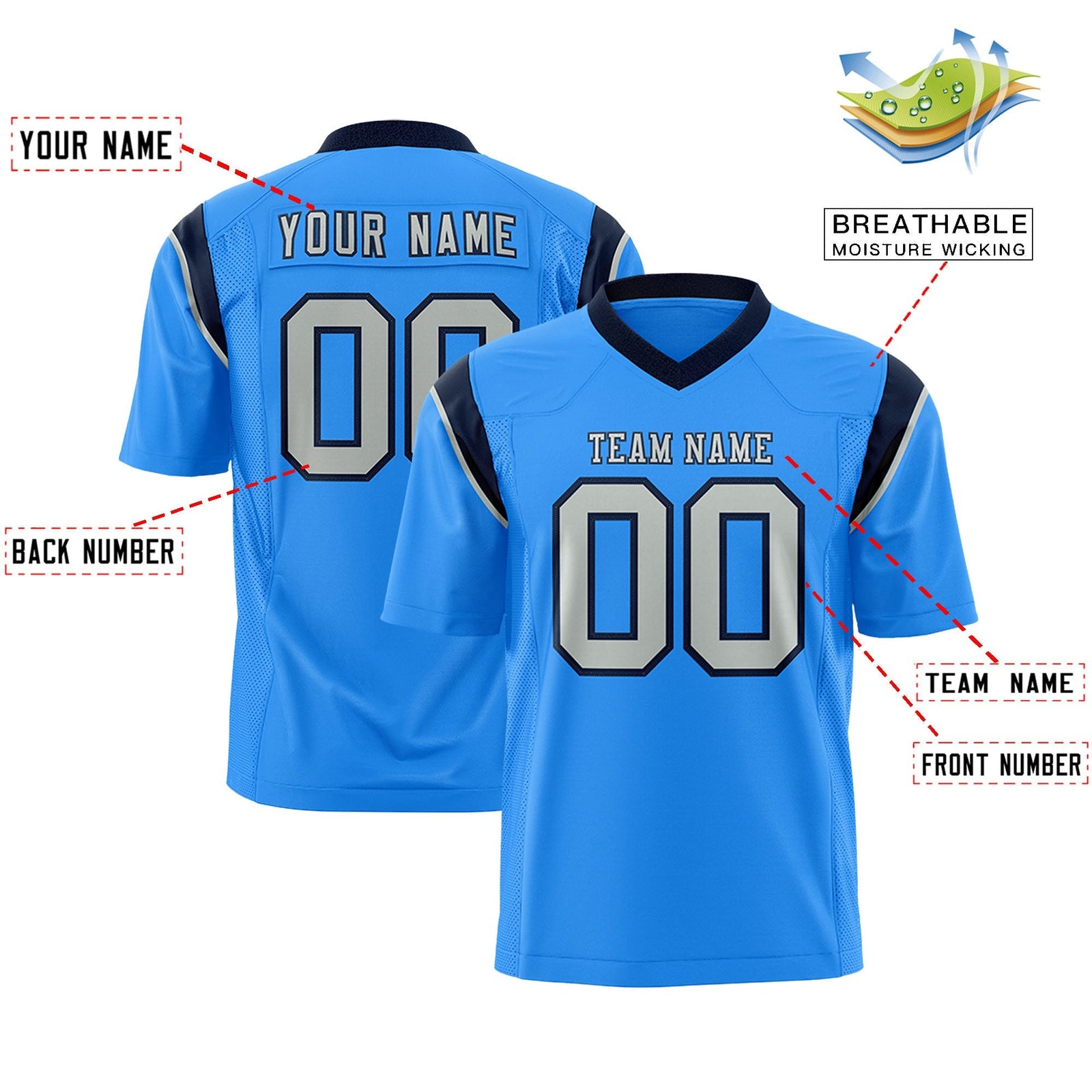 Custom Powder Blue Gray Personalized Shoulder Cut Two-Tone Flag Football Jersey