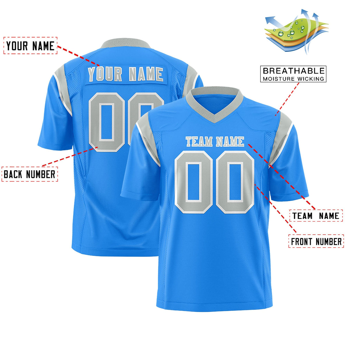 Custom Powder Blue Gray Personalized Shoulder Cut Two-Tone Flag Football Jersey