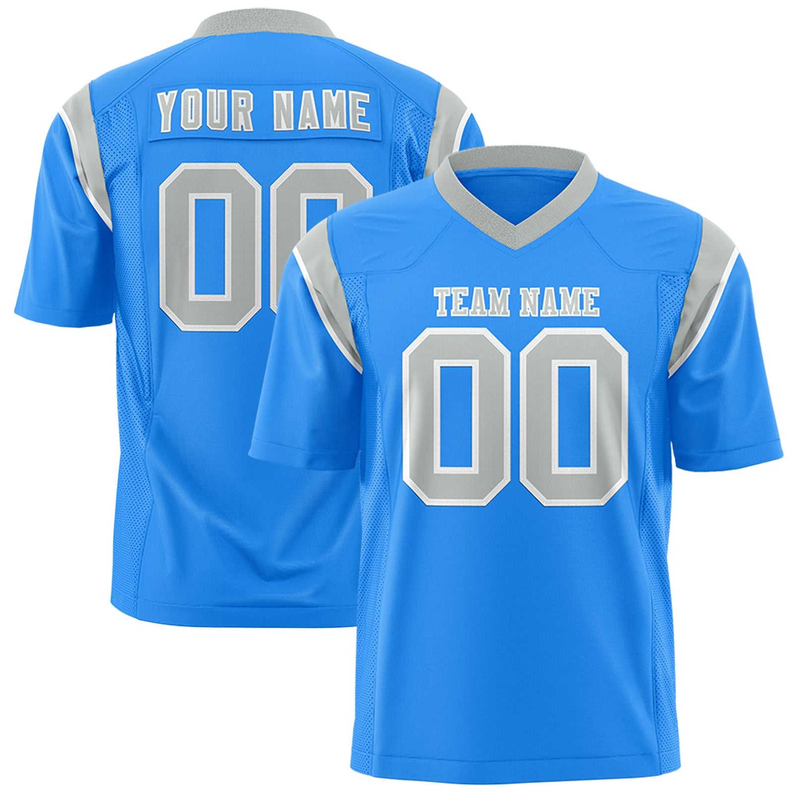 Custom Powder Blue Gray Personalized Shoulder Cut Two-Tone Flag Football Jersey