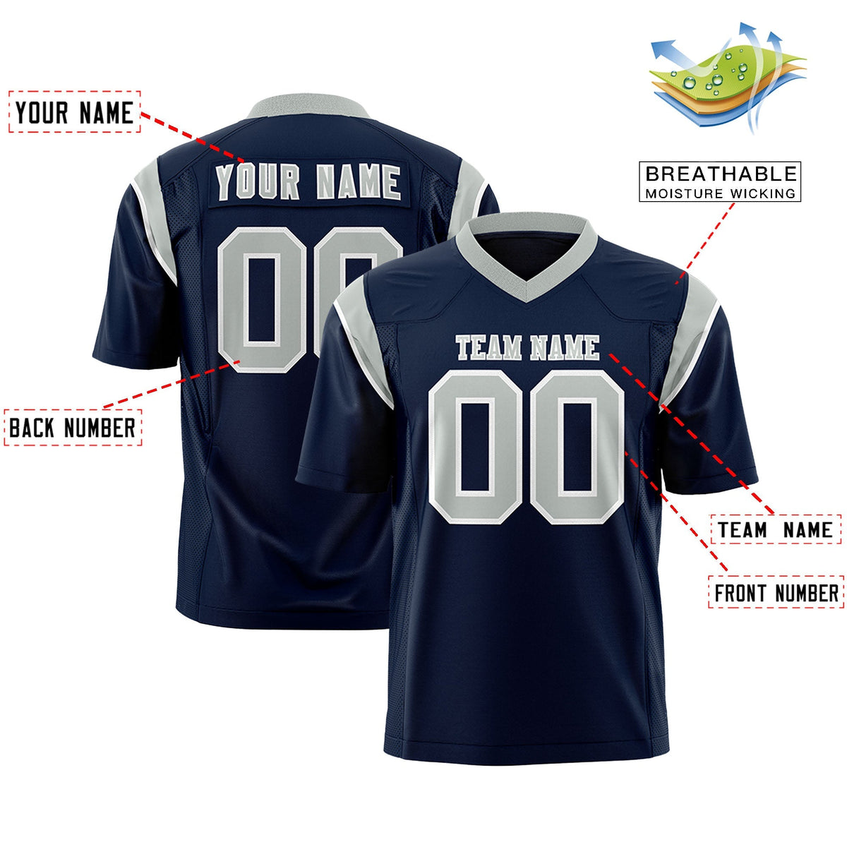 Custom Navy Gray Personalized Shoulder Cut Two-Tone Flag Football Jersey