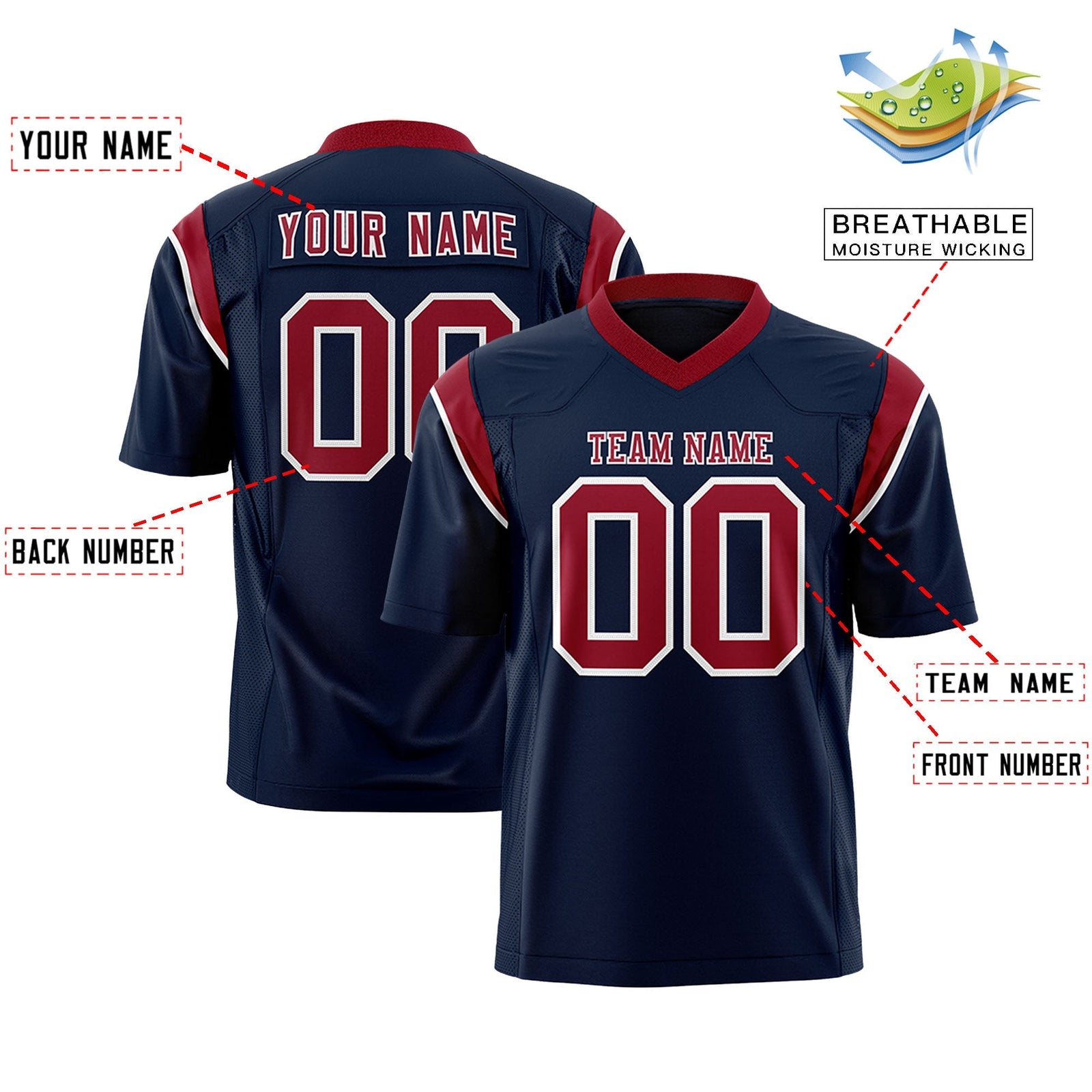 Custom Navy Cardinal Personalized Shoulder Cut Two-Tone Flag Football Jersey