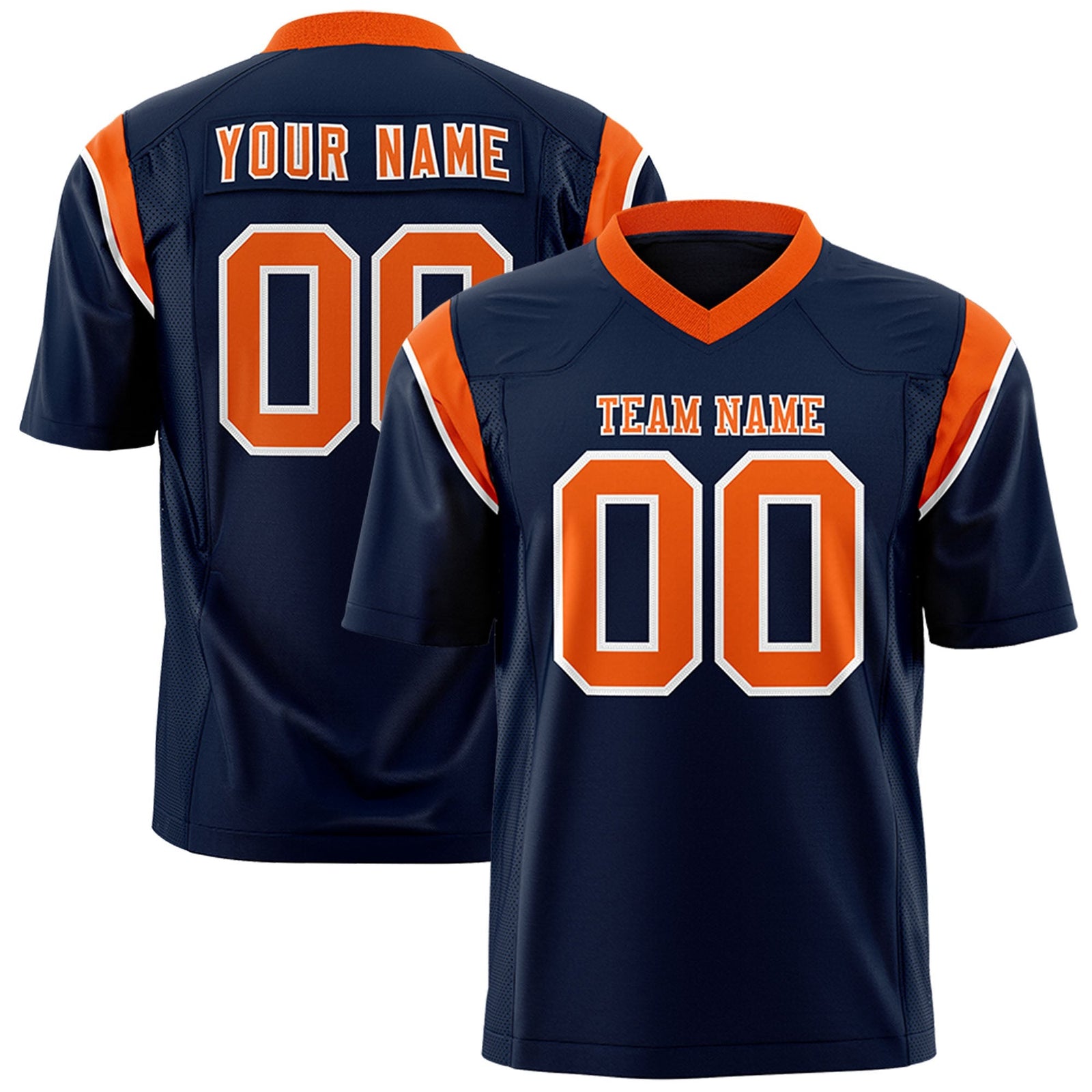 Custom Navy Orange Personalized Shoulder Cut Two-Tone Flag Football Jersey