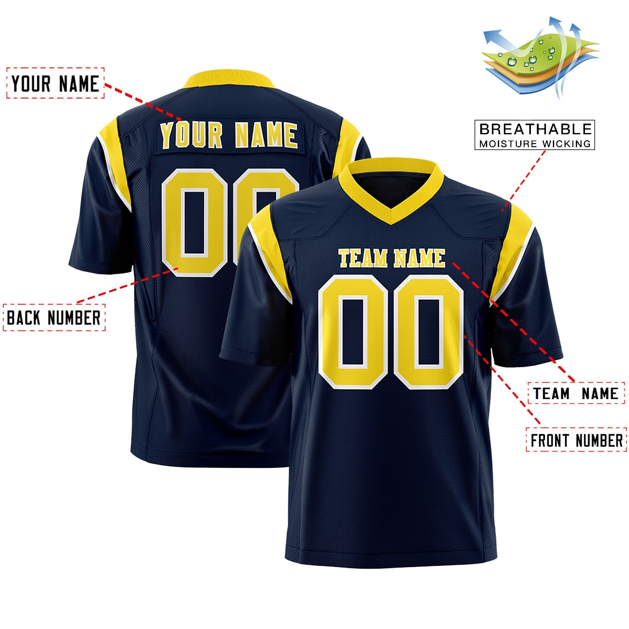 Custom Navy Gold Personalized Shoulder Cut Two-Tone Flag Football Jersey