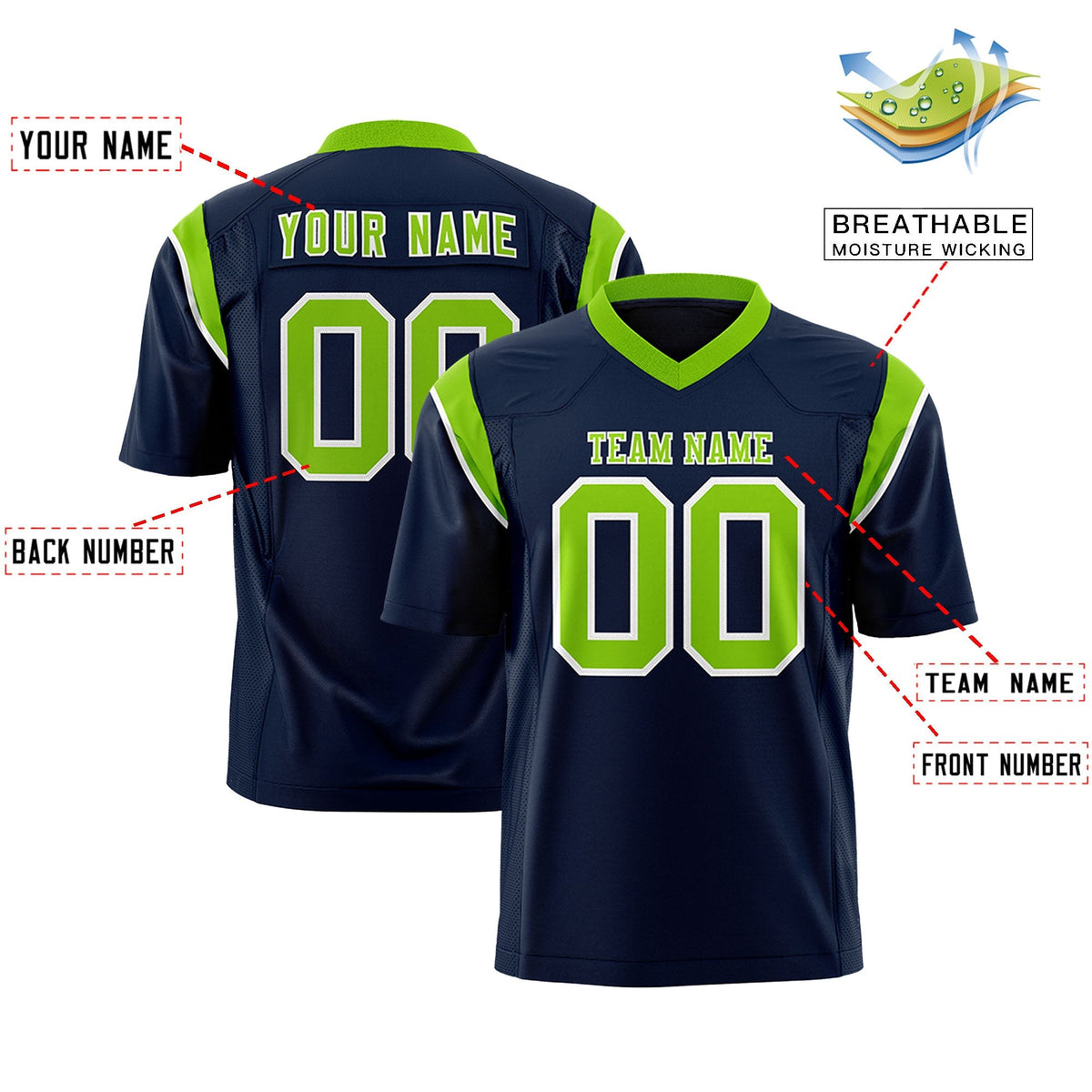 Custom Navy Neon Green Personalized Shoulder Cut Two-Tone Flag Football Jersey