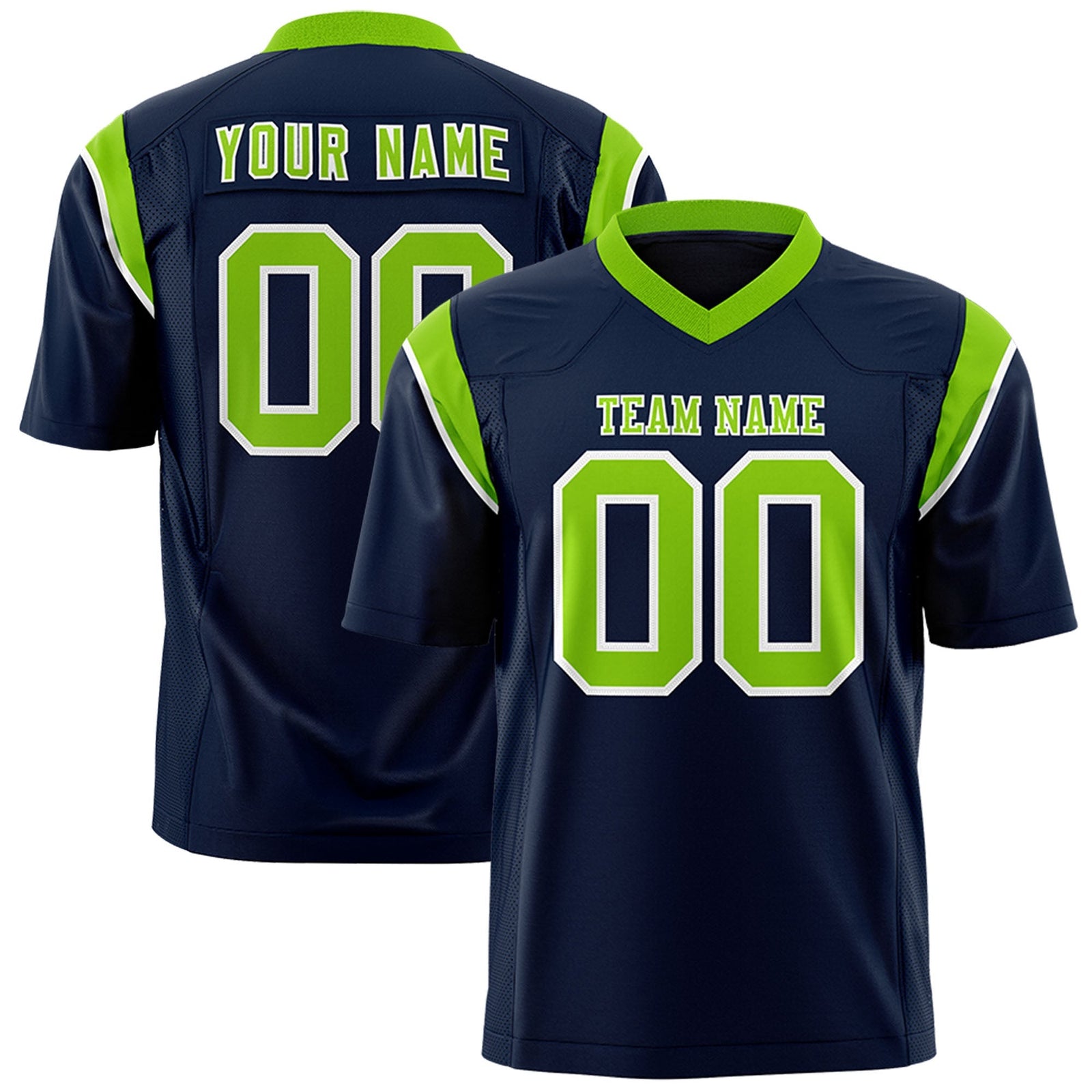 Custom Navy Neon Green Personalized Shoulder Cut Two-Tone Flag Football Jersey