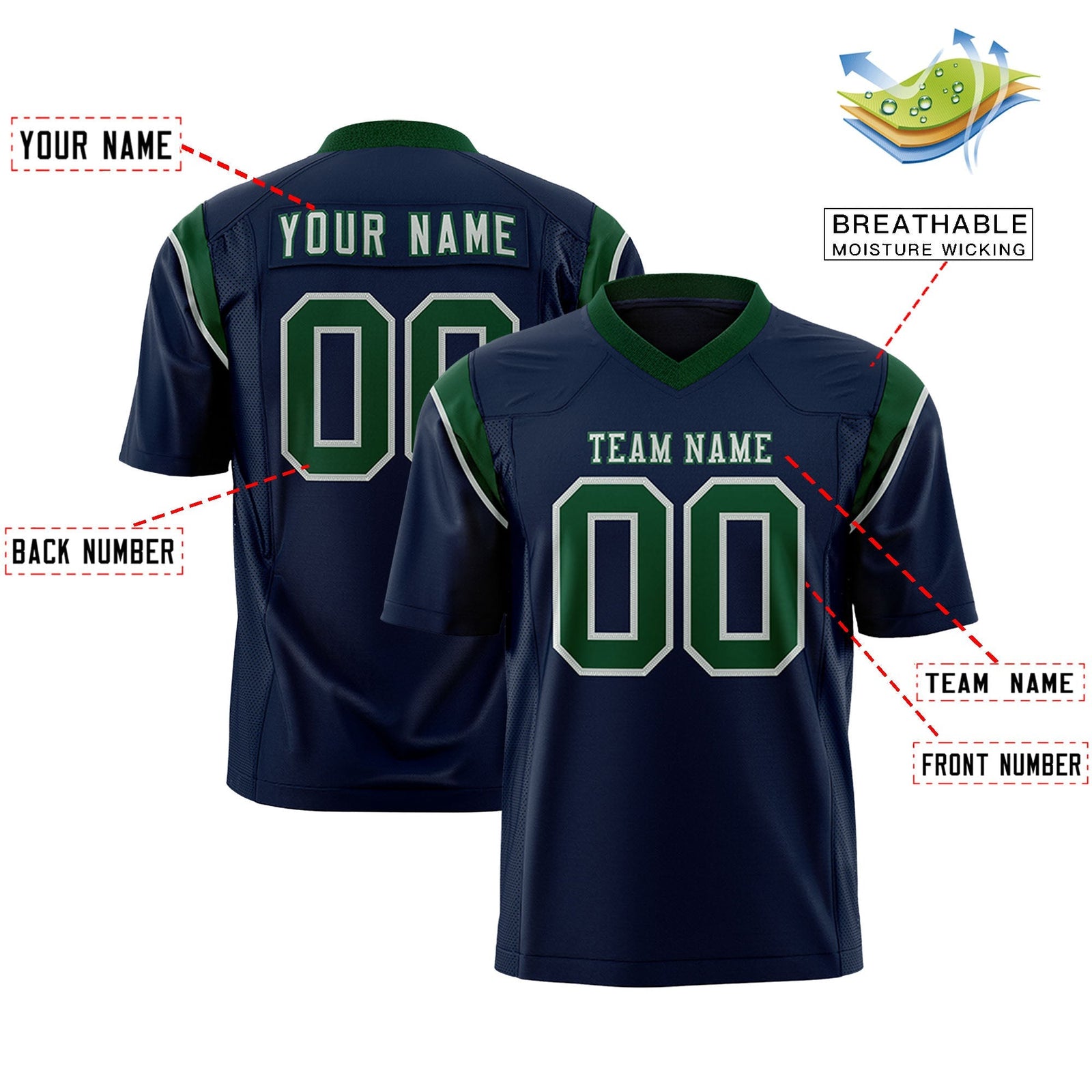 Custom Navy Green Personalized Shoulder Cut Two-Tone Flag Football Jersey