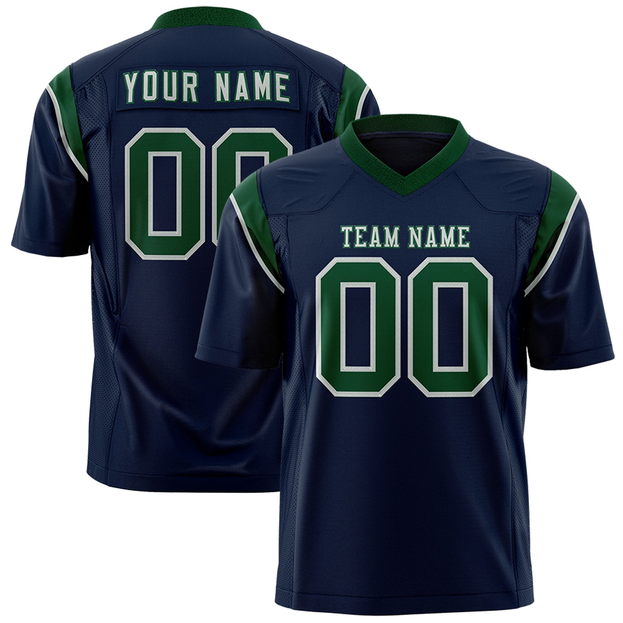 Custom Navy Green Personalized Shoulder Cut Two-Tone Flag Football Jersey
