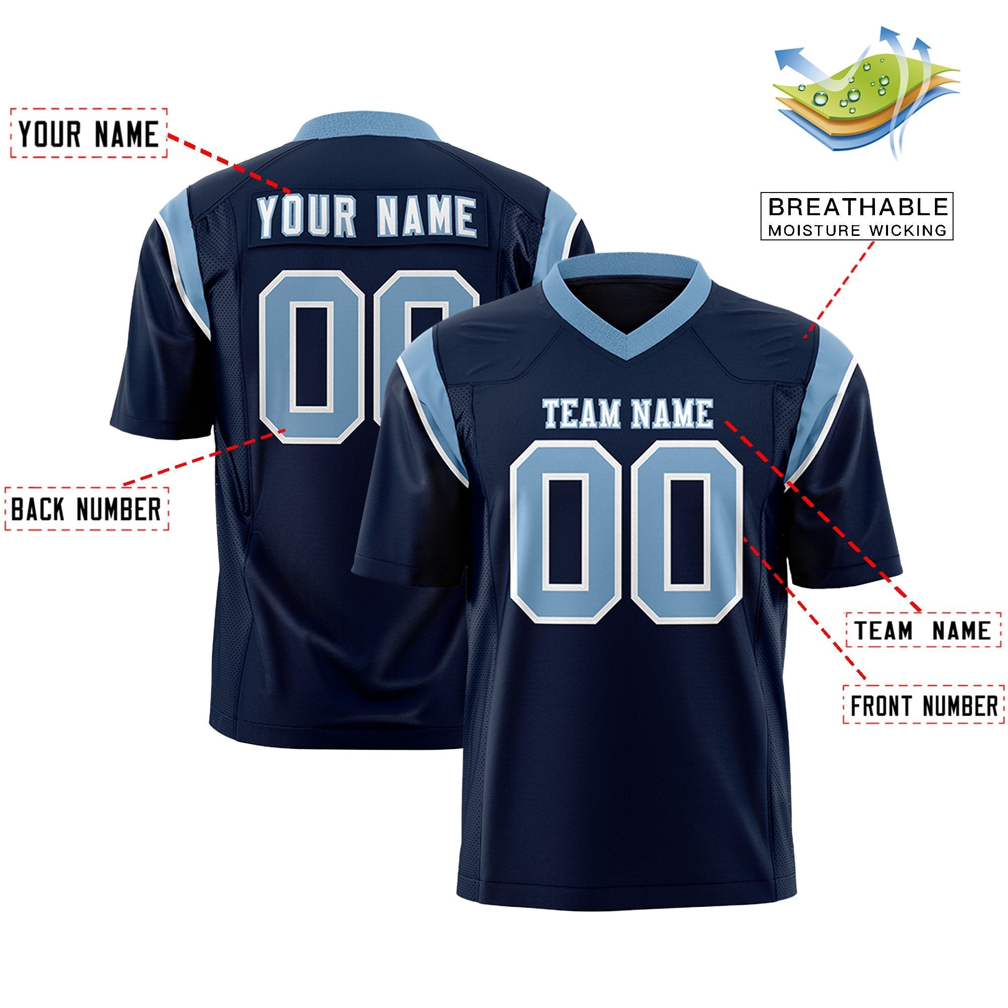 Custom Navy Powder Blue Personalized Shoulder Cut Two-Tone Flag Football Jersey