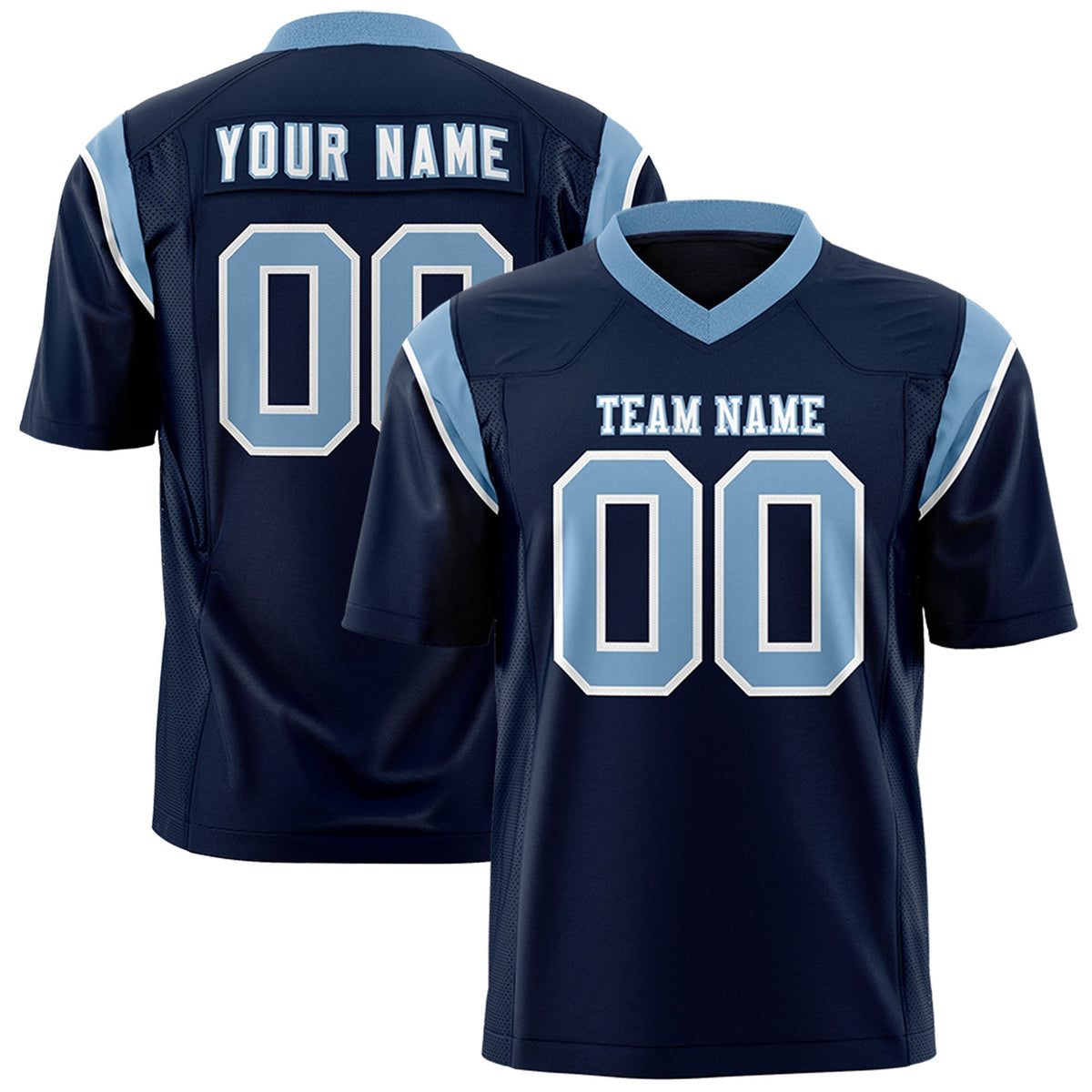 Custom Navy Powder Blue Personalized Shoulder Cut Two-Tone Flag Football Jersey