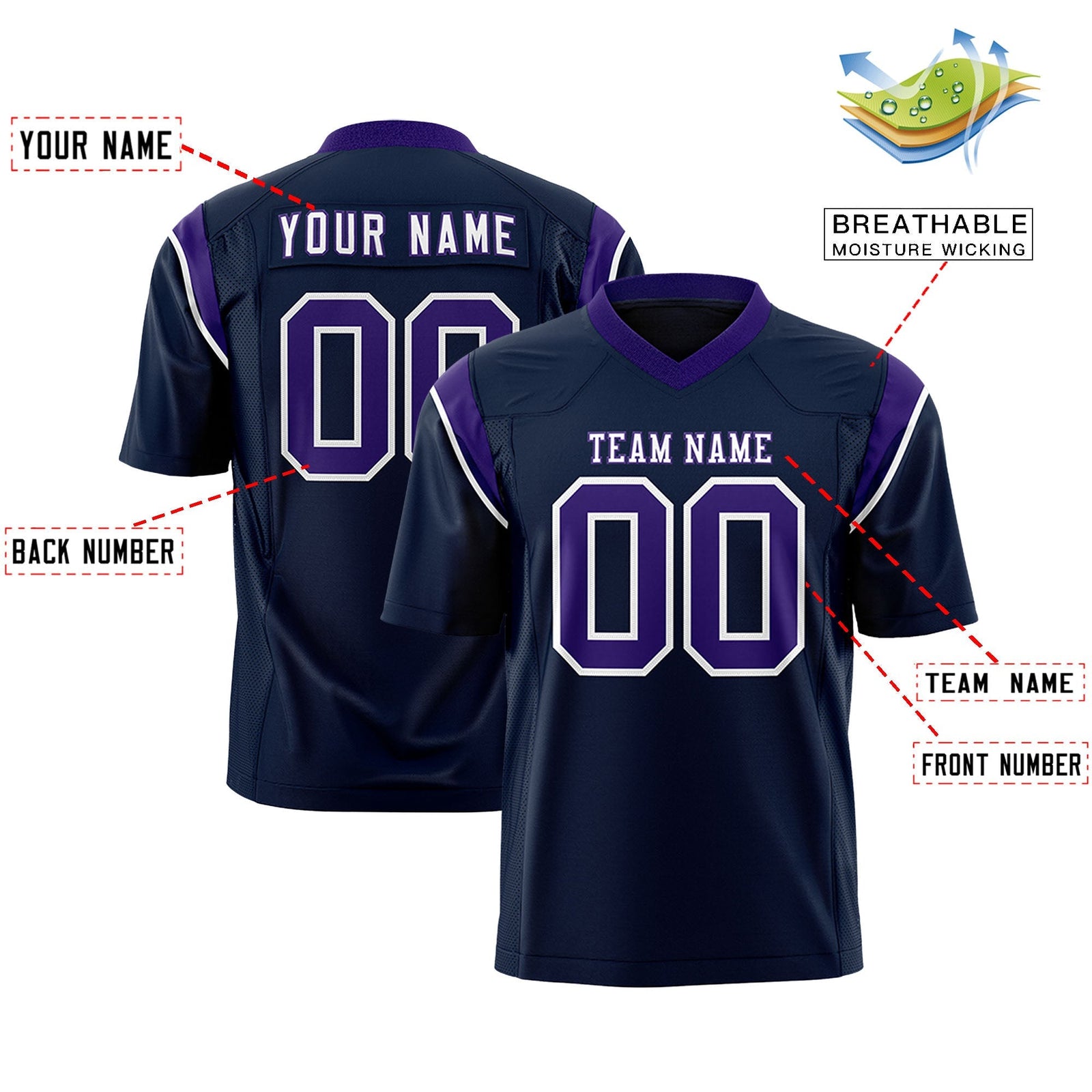 Custom Navy Purple Personalized Shoulder Cut Two-Tone Flag Football Jersey