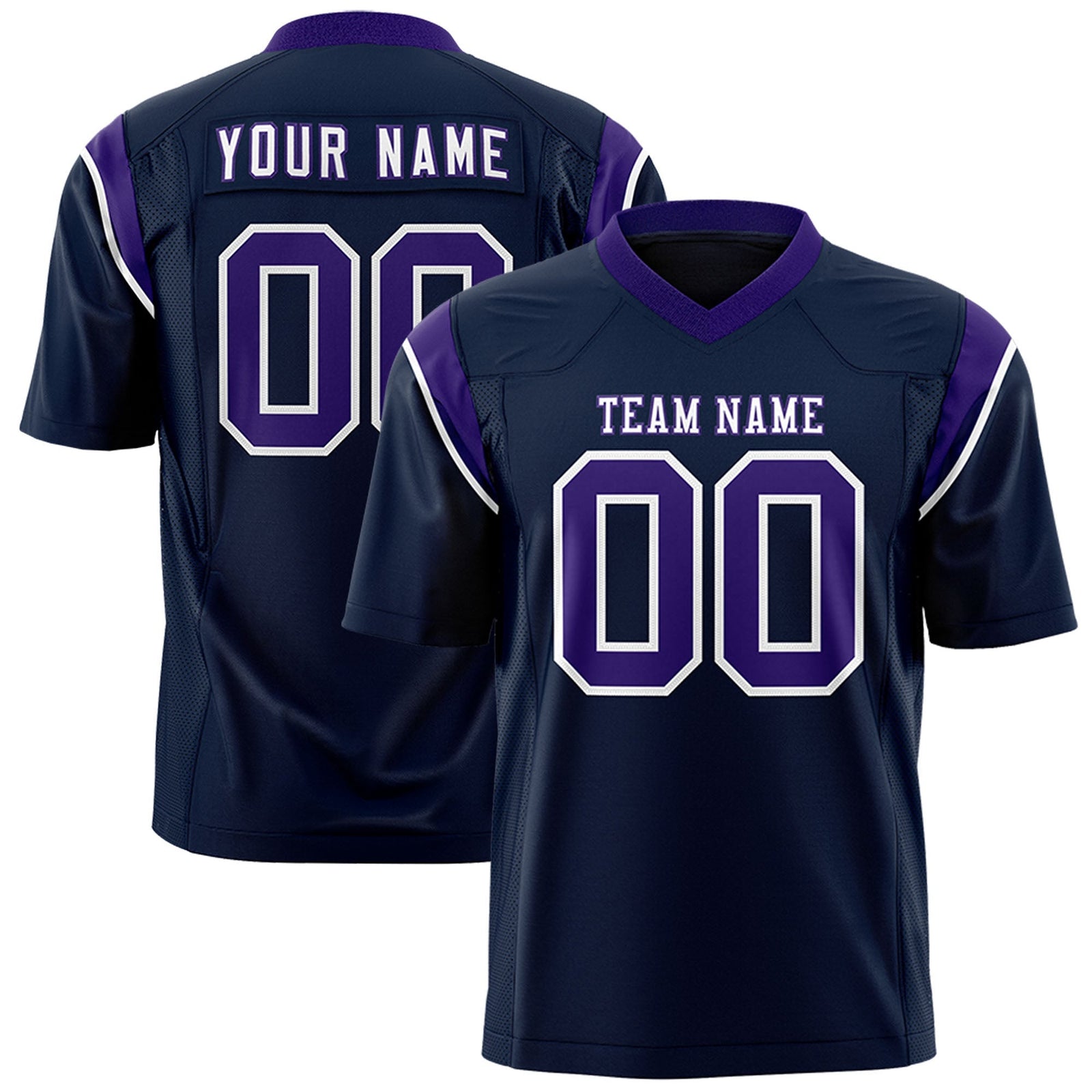 Custom Navy Purple Personalized Shoulder Cut Two-Tone Flag Football Jersey