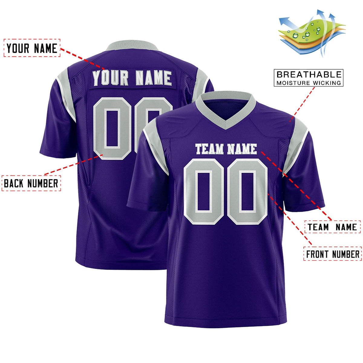 Custom Purple Gray Personalized Shoulder Cut Two-Tone Flag Football Jersey