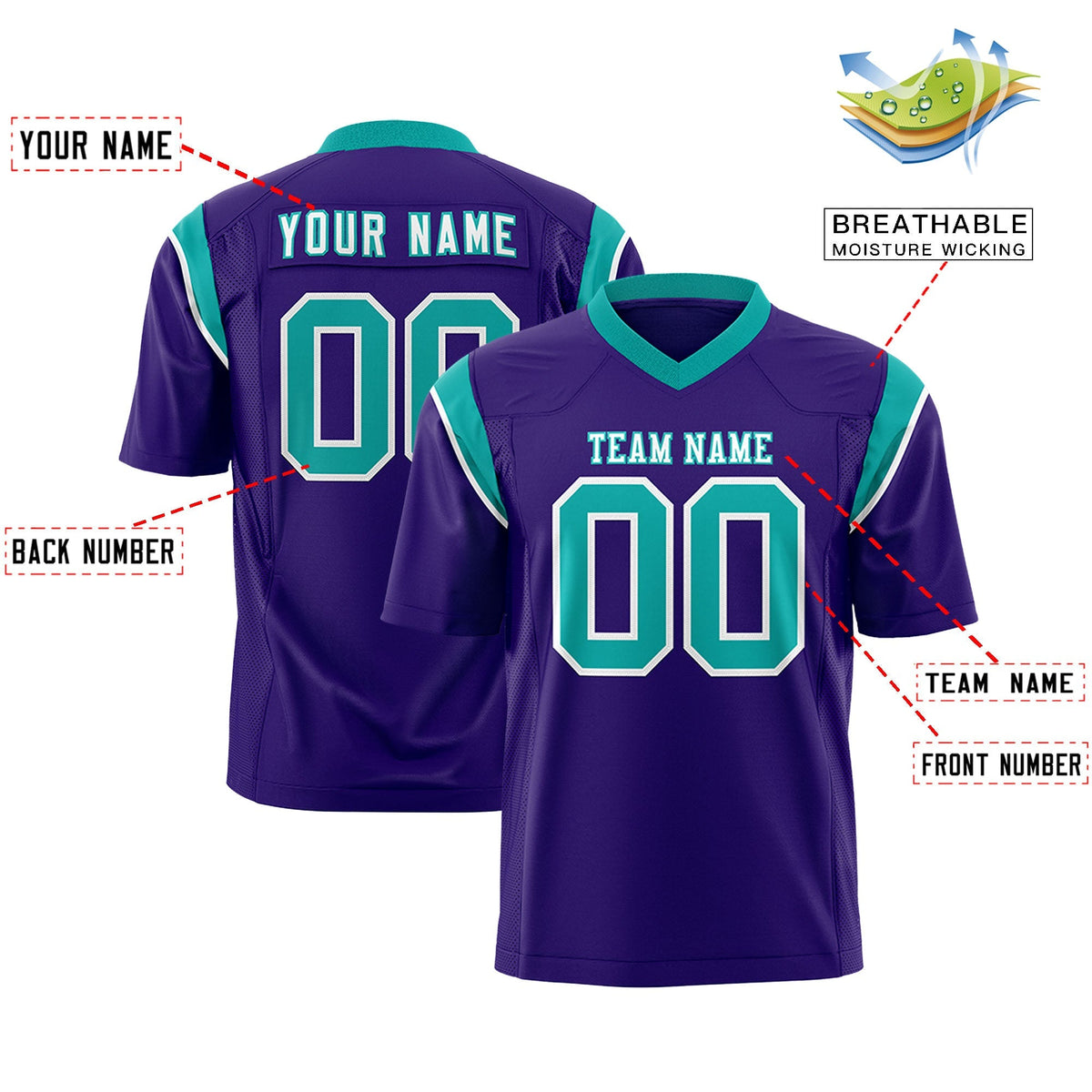 Custom Purple Aqua Personalized Shoulder Cut Two-Tone Flag Football Jersey