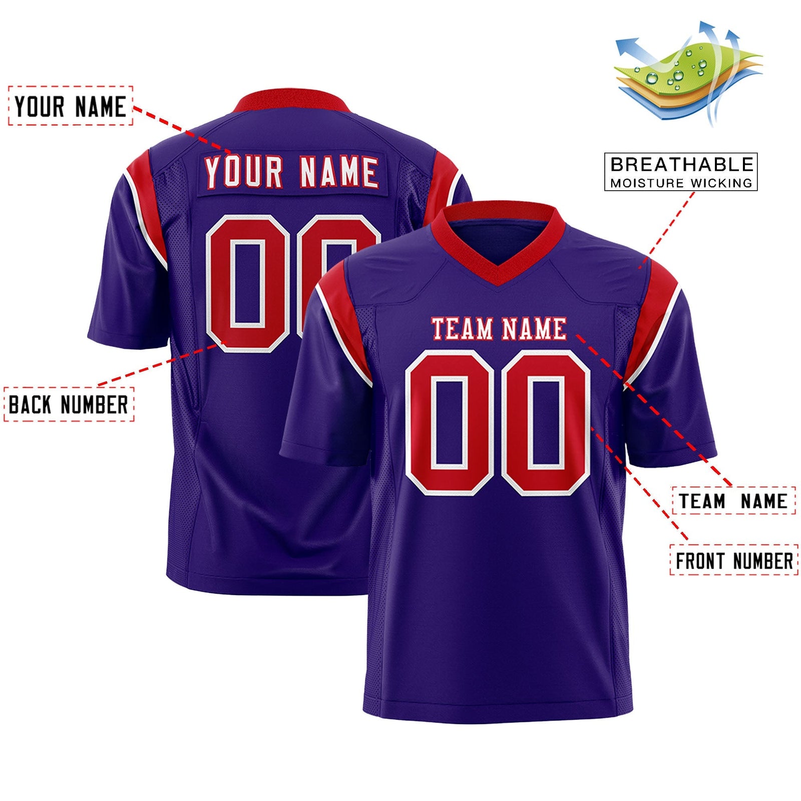 Custom Purple Red Personalized Shoulder Cut Two-Tone Flag Football Jersey