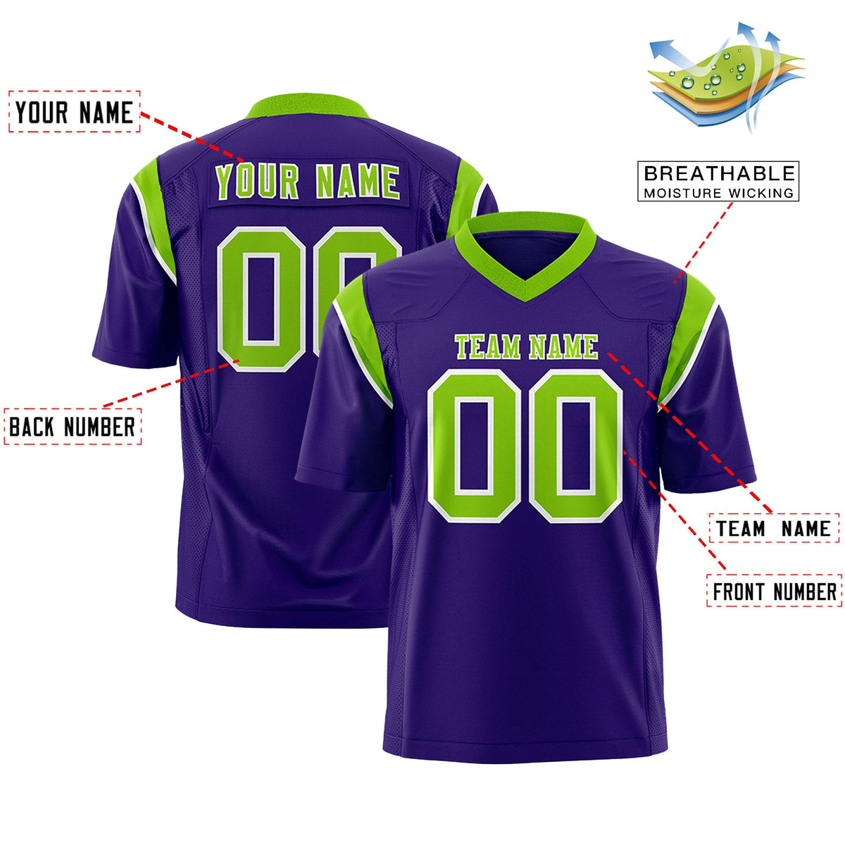 Custom Purple Neon Green Personalized Shoulder Cut Two-Tone Flag Football Jersey