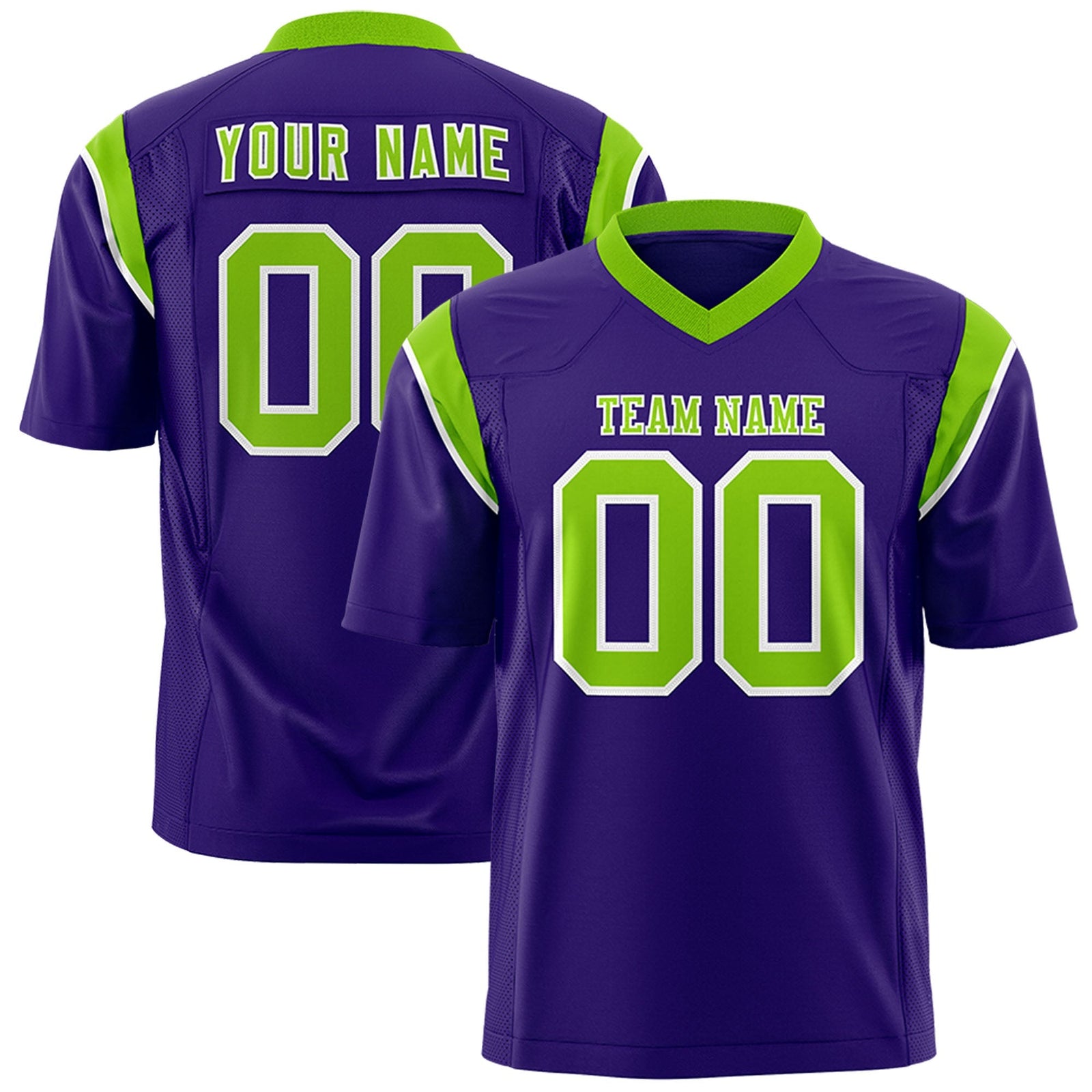 Custom Purple Neon Green Personalized Shoulder Cut Two-Tone Flag Football Jersey