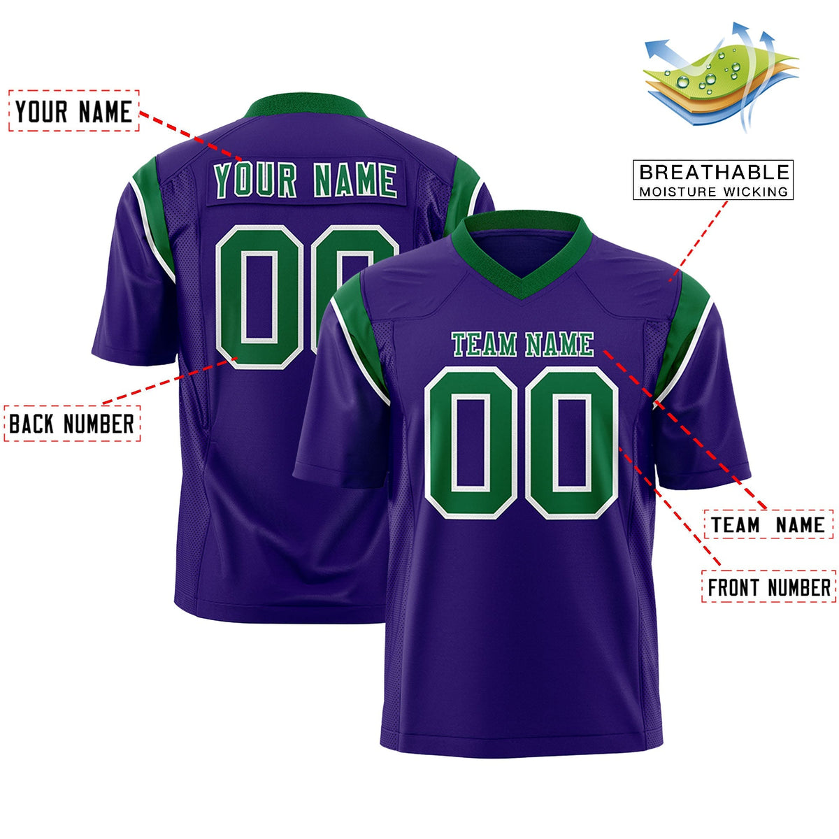 Custom Purple Kelly Green Personalized Shoulder Cut Two-Tone Flag Football Jersey