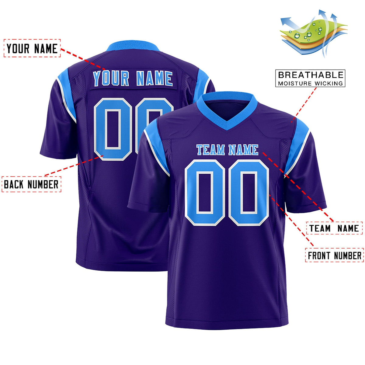 Custom Purple Light Blue Personalized Shoulder Cut Two-Tone Flag Football Jersey