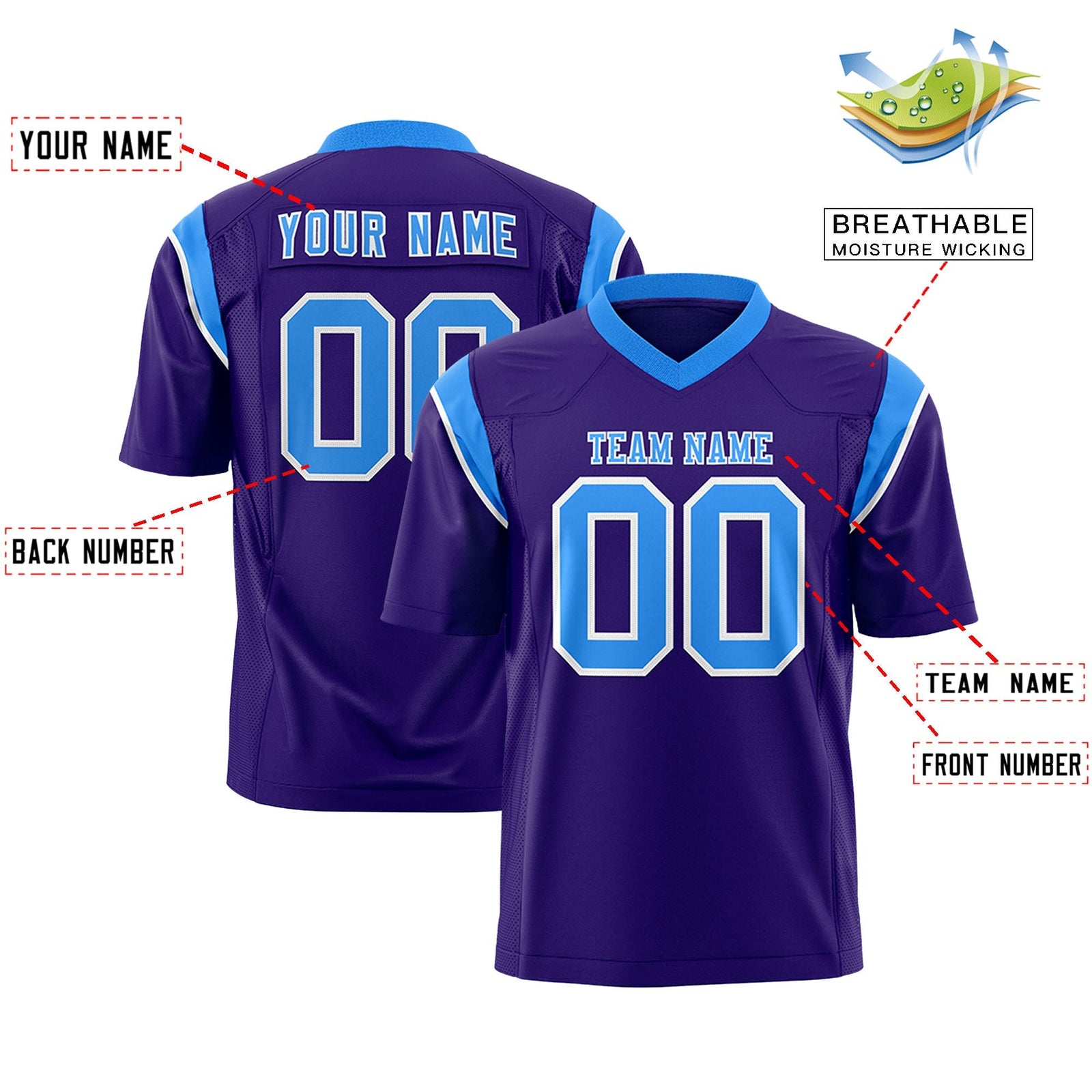 Custom Purple Light Blue Personalized Shoulder Cut Two-Tone Flag Football Jersey