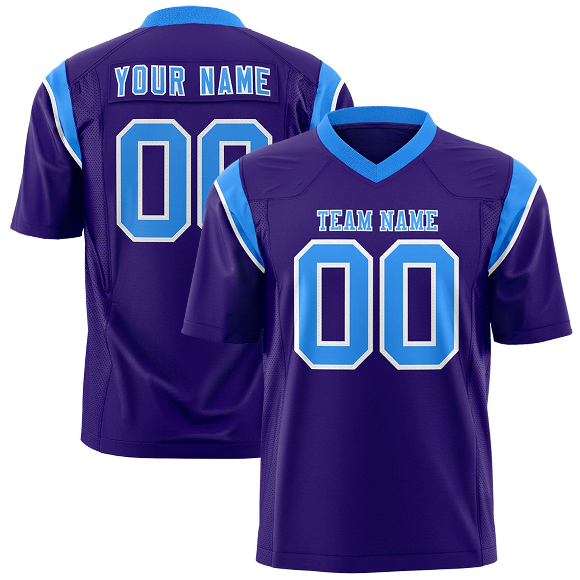 Custom Purple Light Blue Personalized Shoulder Cut Two-Tone Flag Football Jersey