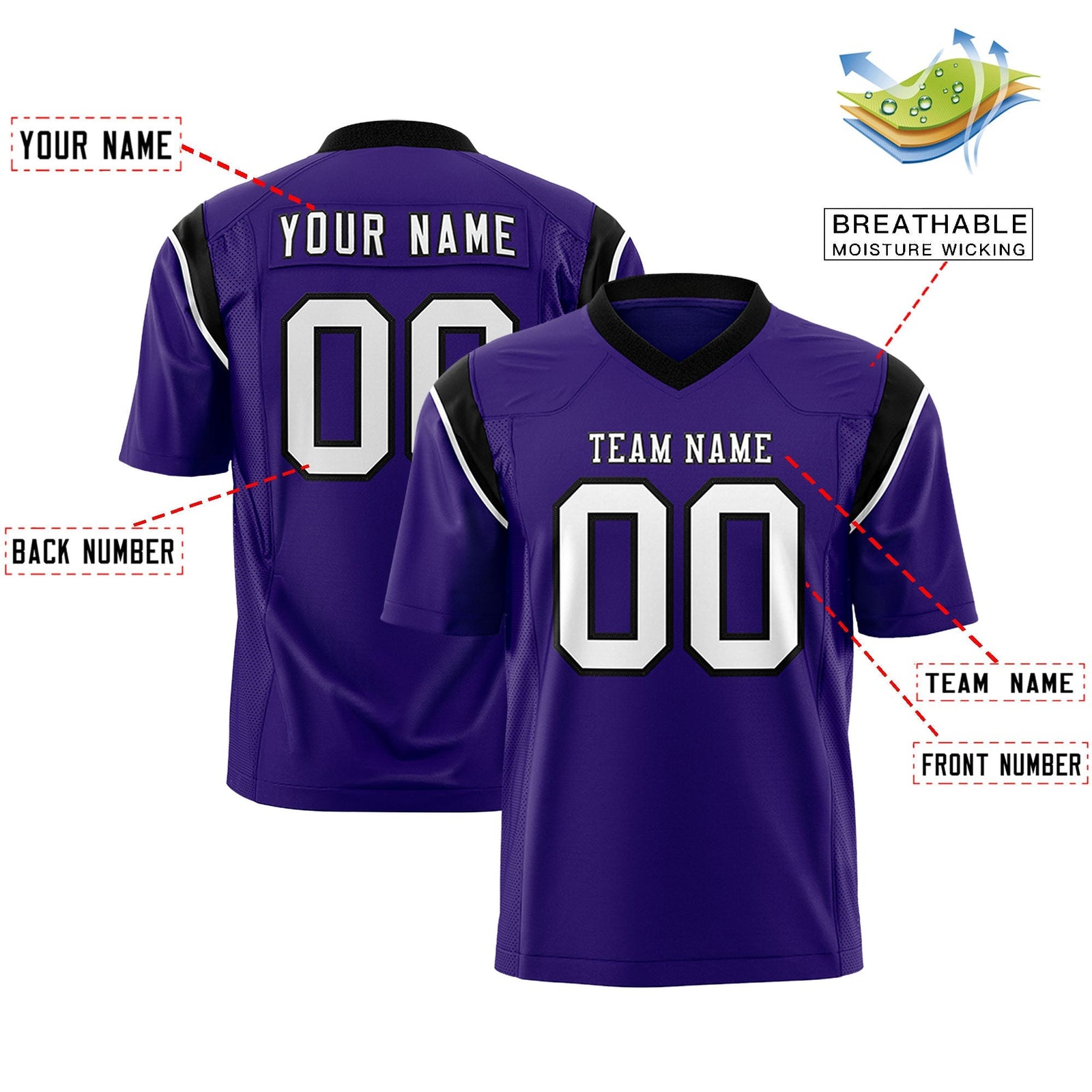 Custom Purple Black Personalized Shoulder Cut Two-Tone Flag Football Jersey