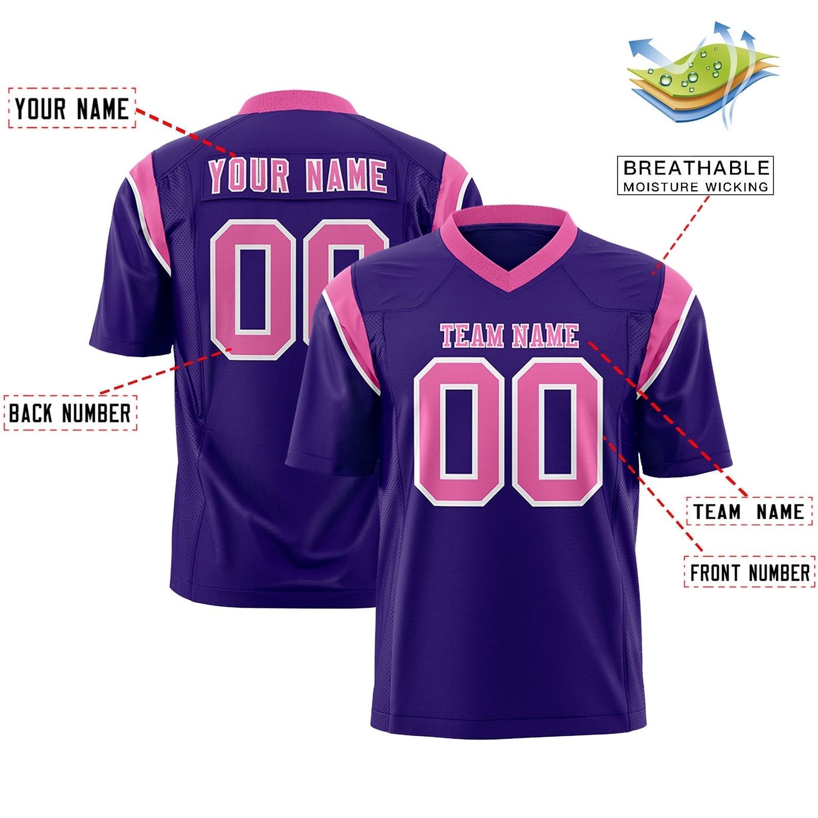 Custom Purple Pink Personalized Shoulder Cut Two-Tone Flag Football Jersey