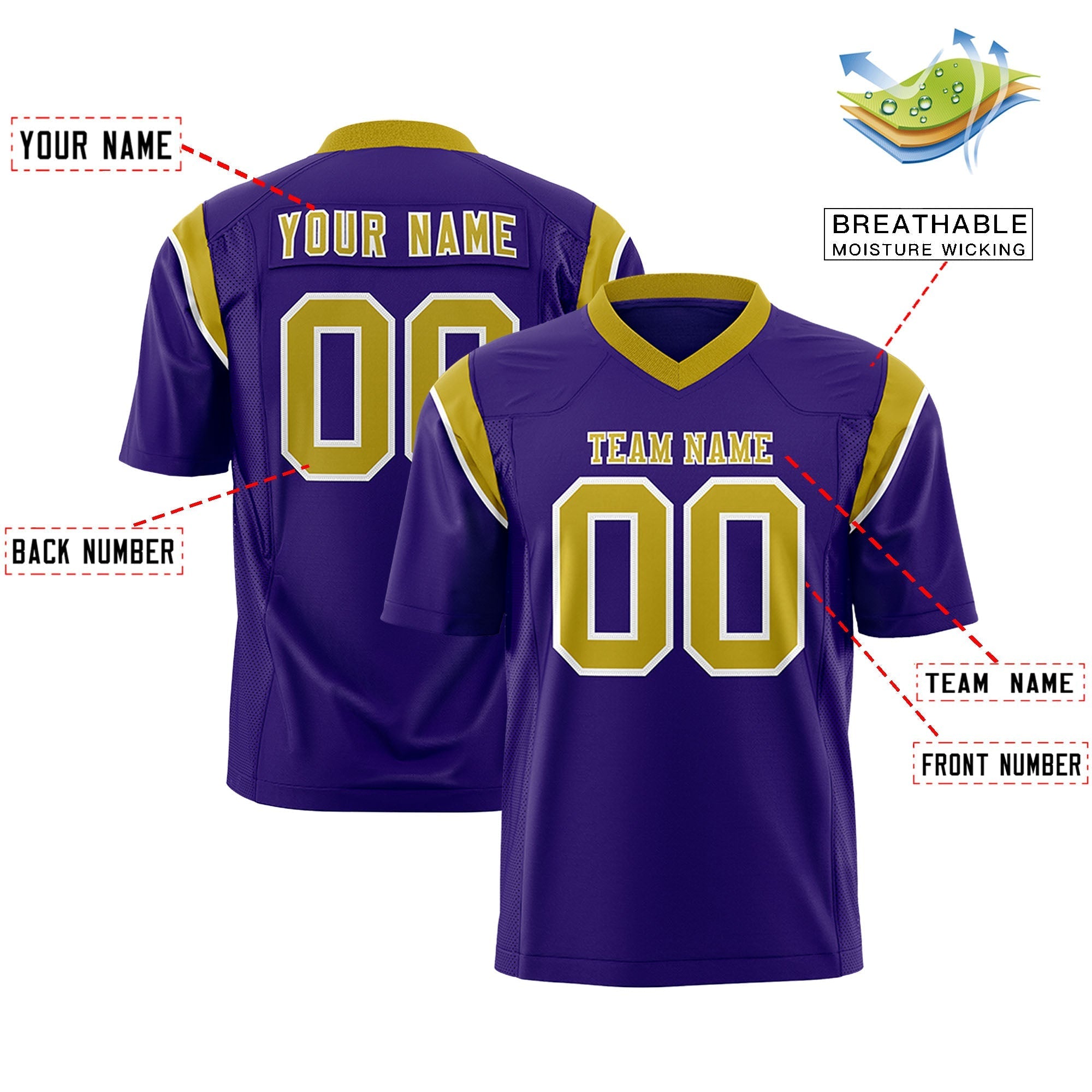 Custom Purple Old Gold Personalized Shoulder Cut Two-Tone Flag Football Jersey