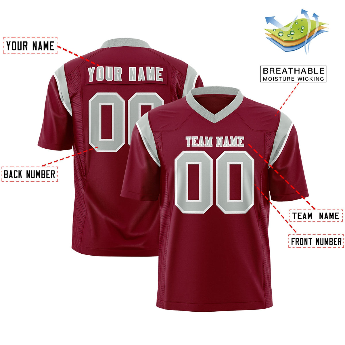Custom Cardinal Gray Personalized Shoulder Cut Two-Tone Flag Football Jersey